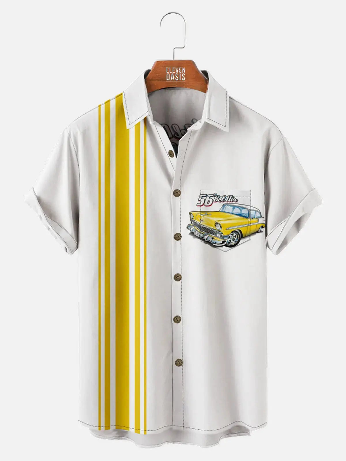 Men's Yellow Chevrolet 1956 Bel Air with Stripes White Short Sleeve Shirt, mens short sleeve shirts??¡ìo?big and tall mens shirts??¡ìo?short sleeve shirts for men??¡ìo?mens 4xl shirts??¡ìo?casual short sleeve shirts