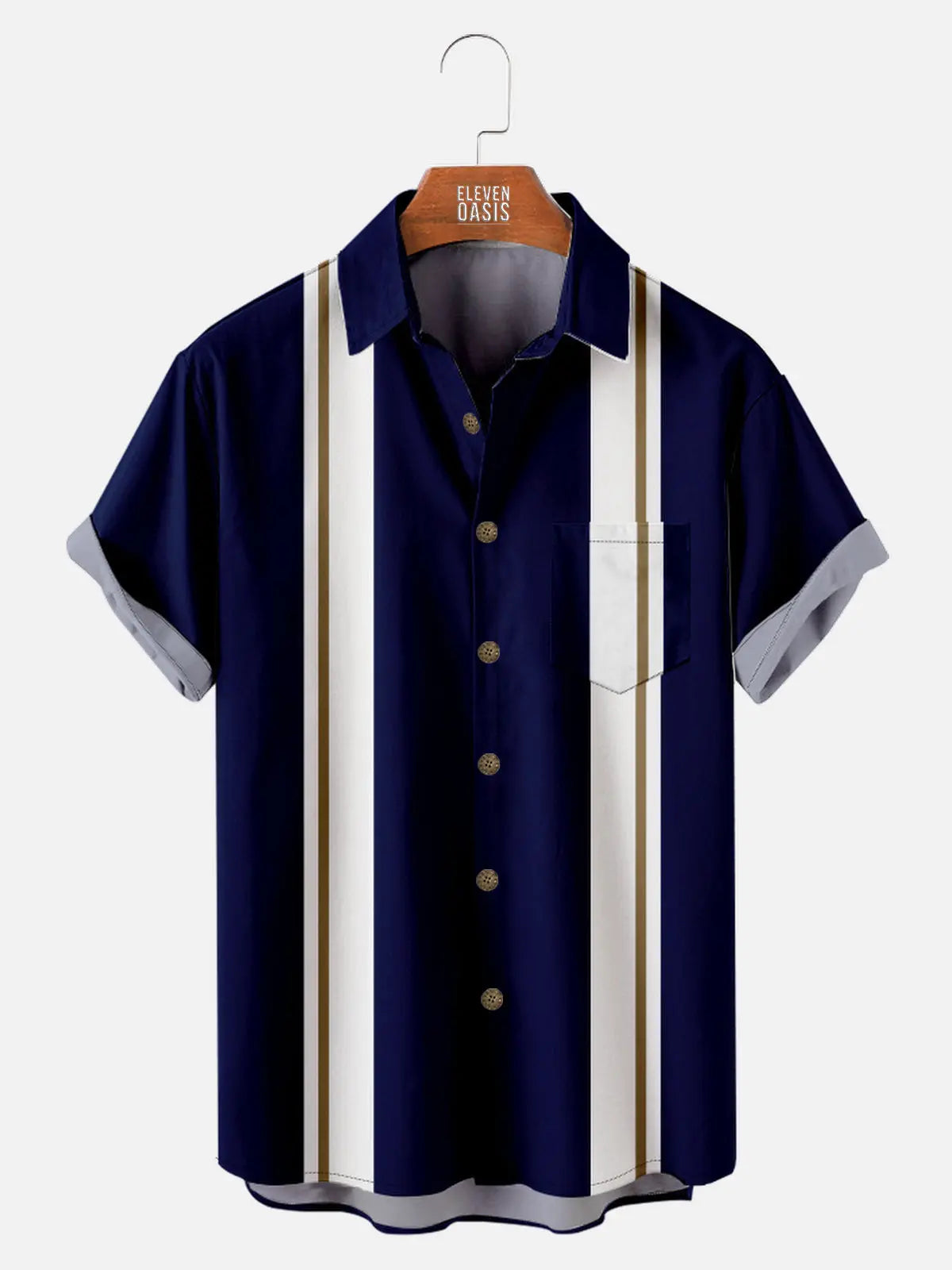 Men's Midnight Blue with White and Bronze Striped Bowling Short Sleeve Shirt, mens short sleeve shirts?¡§o?big and tall mens shirts?¡§o?short sleeve shirts for men?¡§o?mens 4xl shirts?¡§o?casual short sleeve shirts