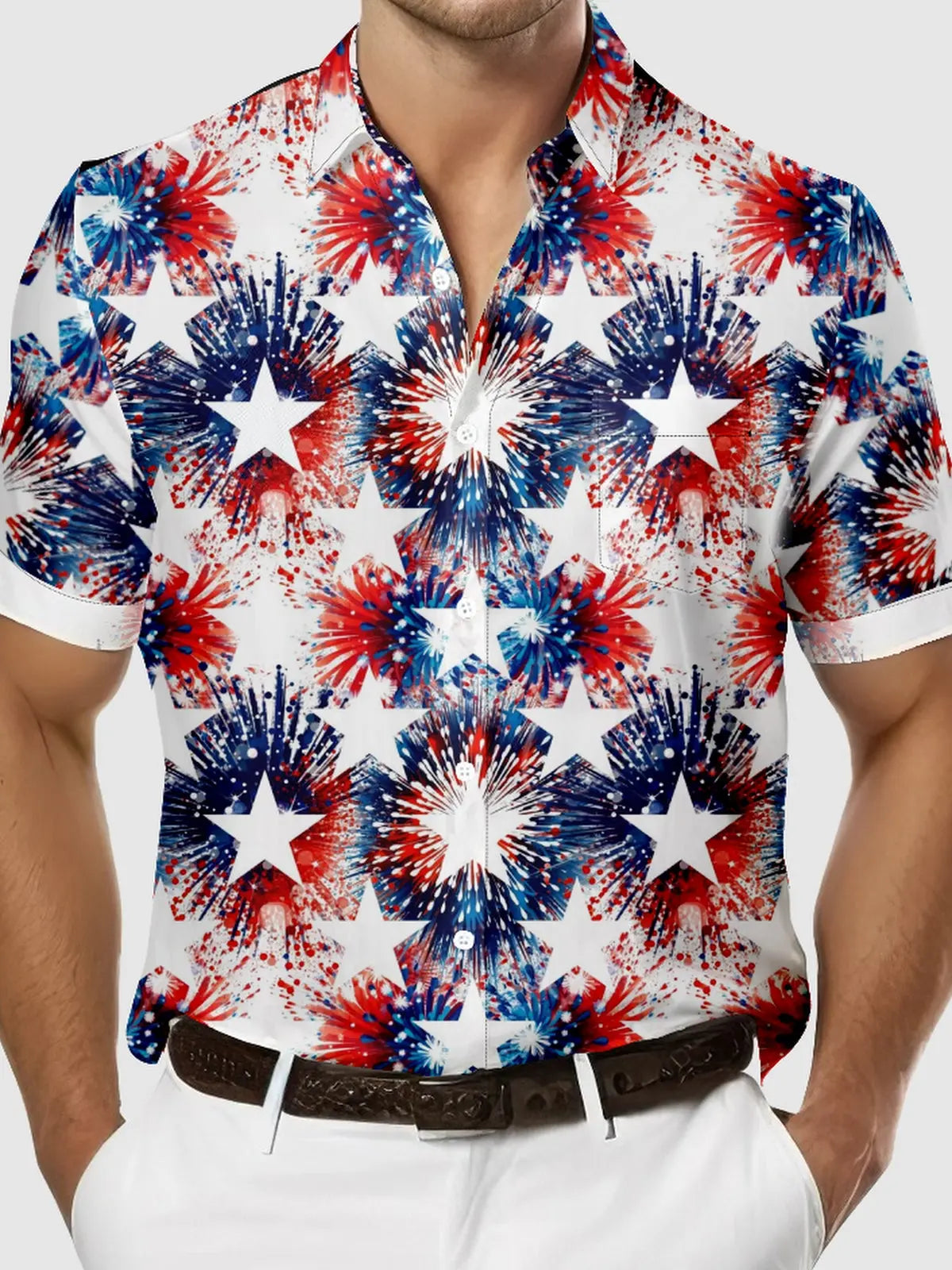 Men's Blue and White Fireworks with Stars Short Sleeve Shirt, mens short sleeve shirts???????¡§???o?big and tall mens shirts???????¡§???o?short sleeve shirts for men???????¡§???o?mens 4xl shirts???????¡§???o?casual short sleeve shirts