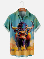 Men's Oil Painted Happy Buffalo Short Sleeve Shirt, mens short sleeve shirts??¡ìo?big and tall mens shirts??¡ìo?short sleeve shirts for men??¡ìo?mens 4xl shirts??¡ìo?casual short sleeve shirts