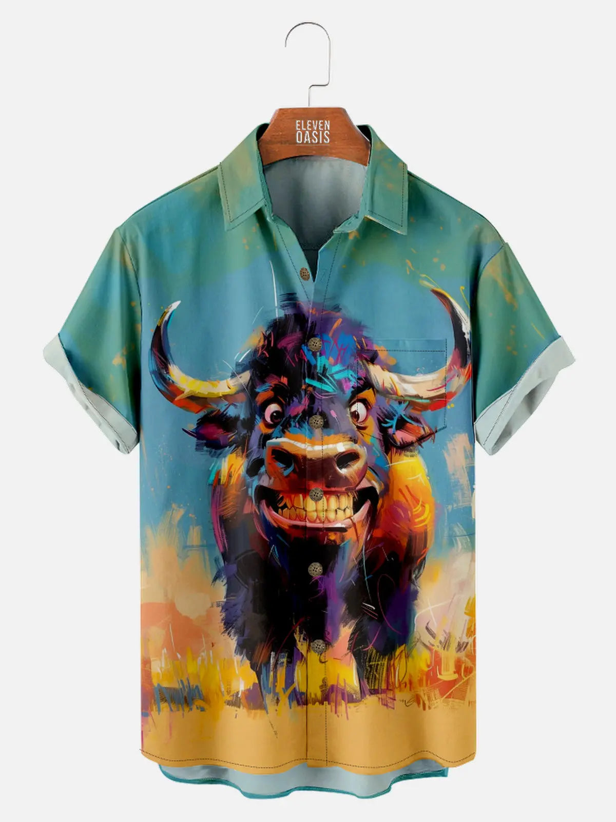 Men's Oil Painted Happy Buffalo Short Sleeve Shirt, mens short sleeve shirts?¡§o?big and tall mens shirts?¡§o?short sleeve shirts for men?¡§o?mens 4xl shirts?¡§o?casual short sleeve shirts