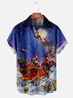 Men's Santa On His Sleigh with Reindeers Delivering Christmas Presents Short Sleeve Shirt Eleven Oasis