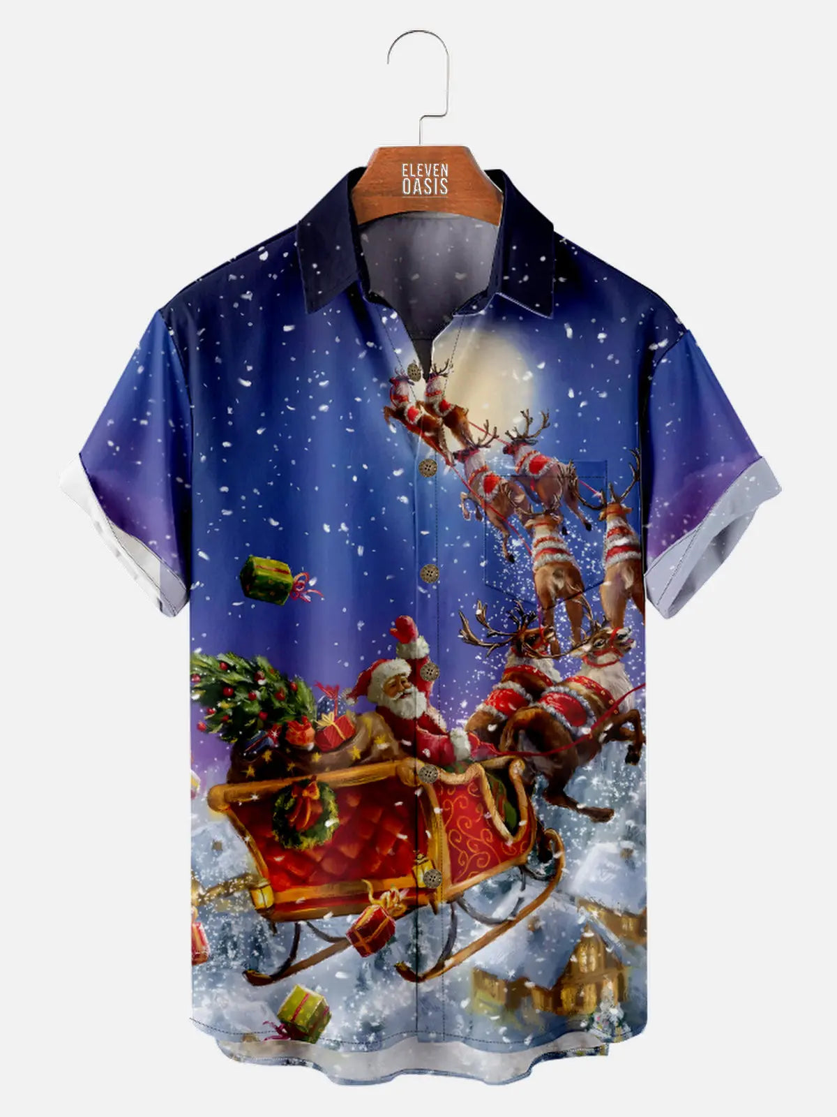 Men's Santa On His Sleigh with Reindeers Delivering Christmas Presents Short Sleeve Shirt Eleven Oasis