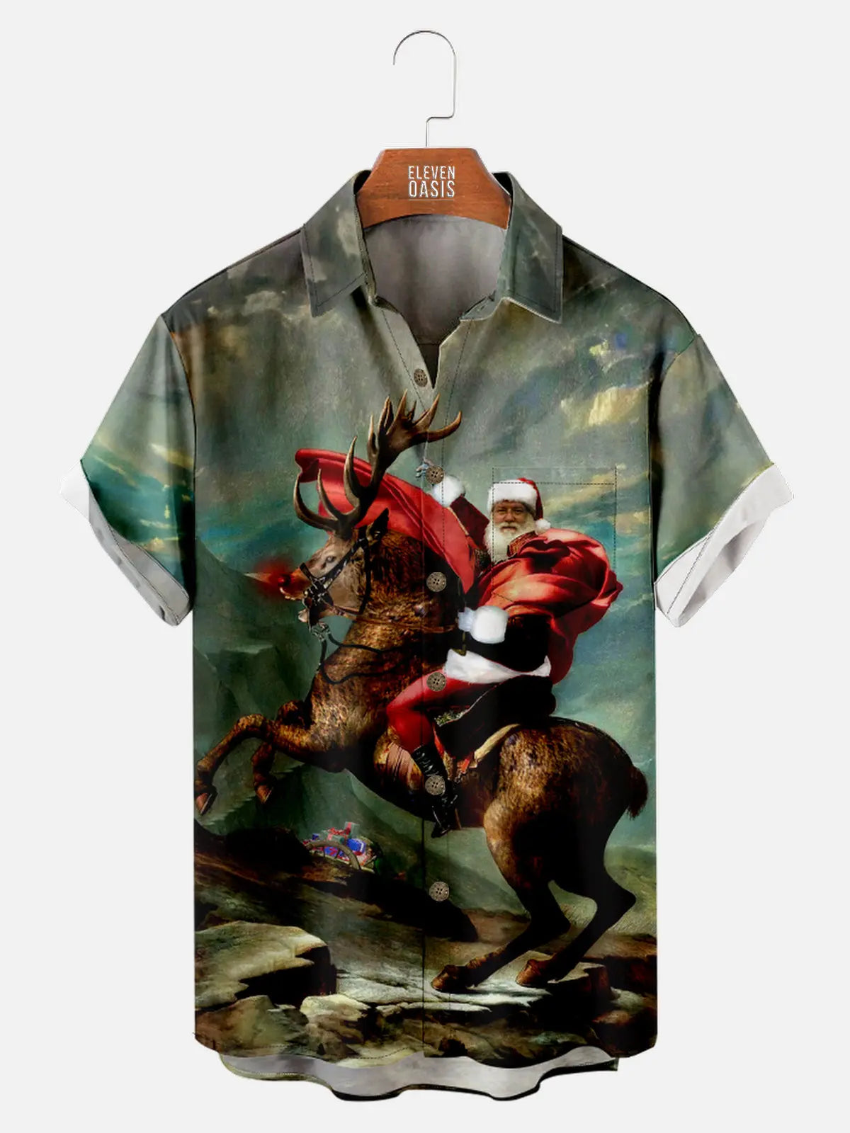 Men's Santa Delivers Presents on a Big Reindeer Short Sleeve Shirt Eleven Oasis