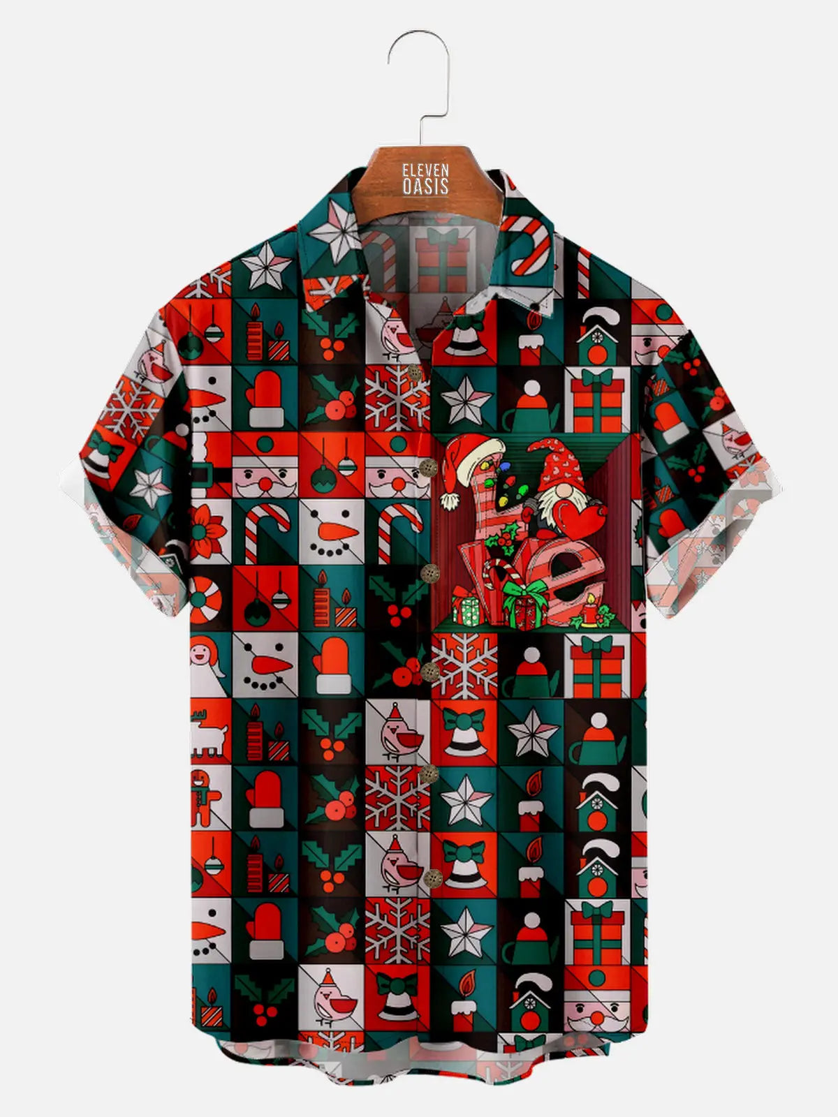 Men's LOVE Christmas on Chest With Patch Pattern Short Sleeve Shirt Eleven Oasis