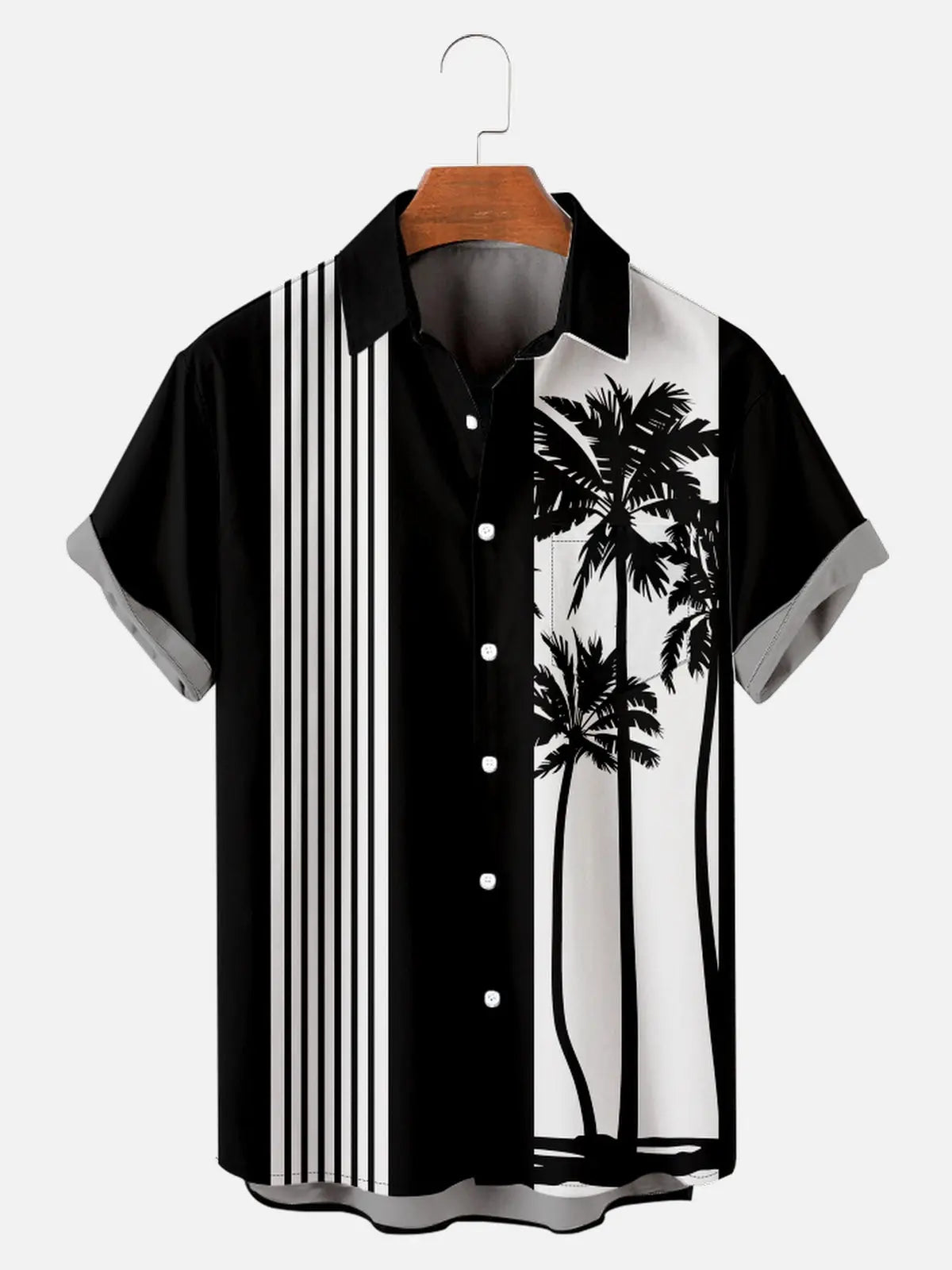 Tall Men's Palm Trees Striped Bowling Short Sleeve Shirt Eleven Oasis