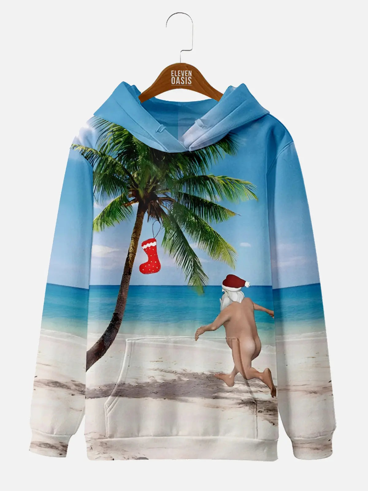 Naked Santa Running on the Beach to a Christmas Stocking Palm Tree Hoodie Eleven Oasis
