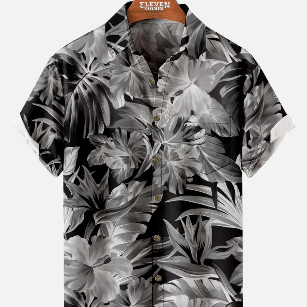 Men's Monochrome Tropical Floral Short Sleeve Shirt ElevenOasis