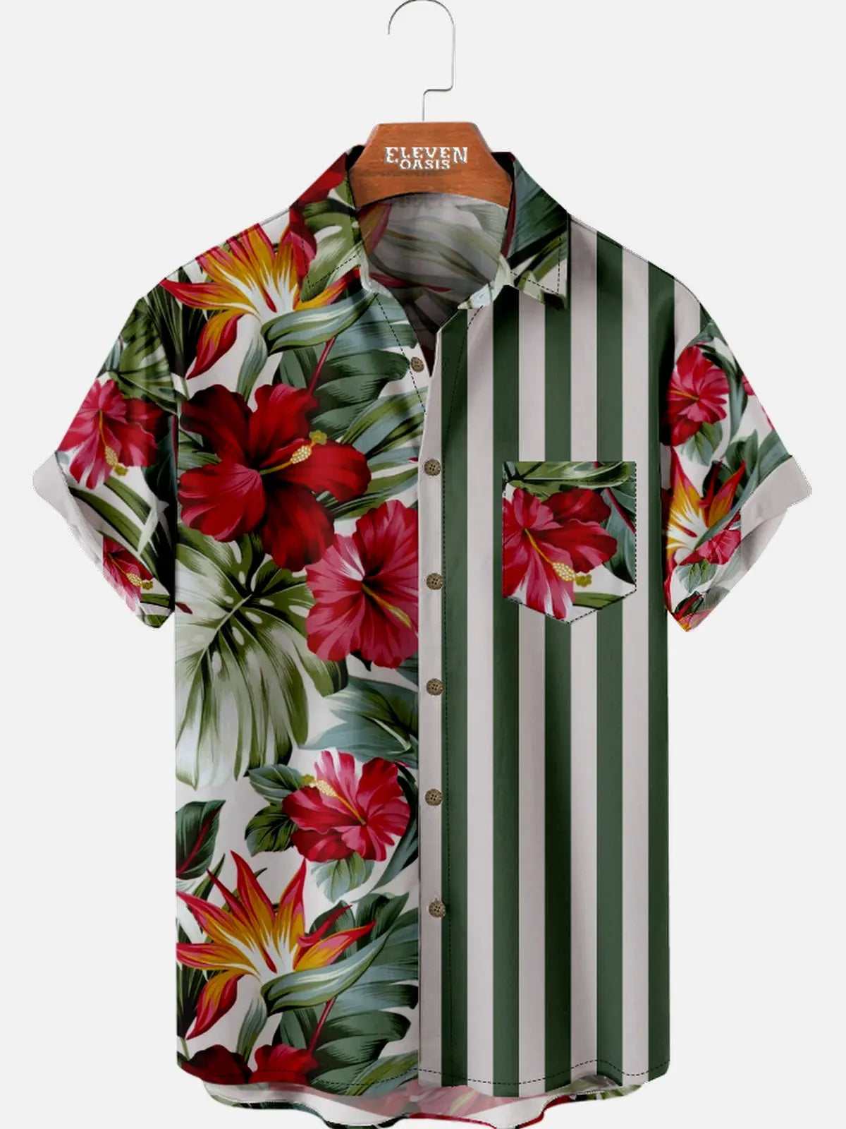 Men's Hibiscus Stripe Panel Hawaiian Short Sleeve Shirt Eleven Oasis