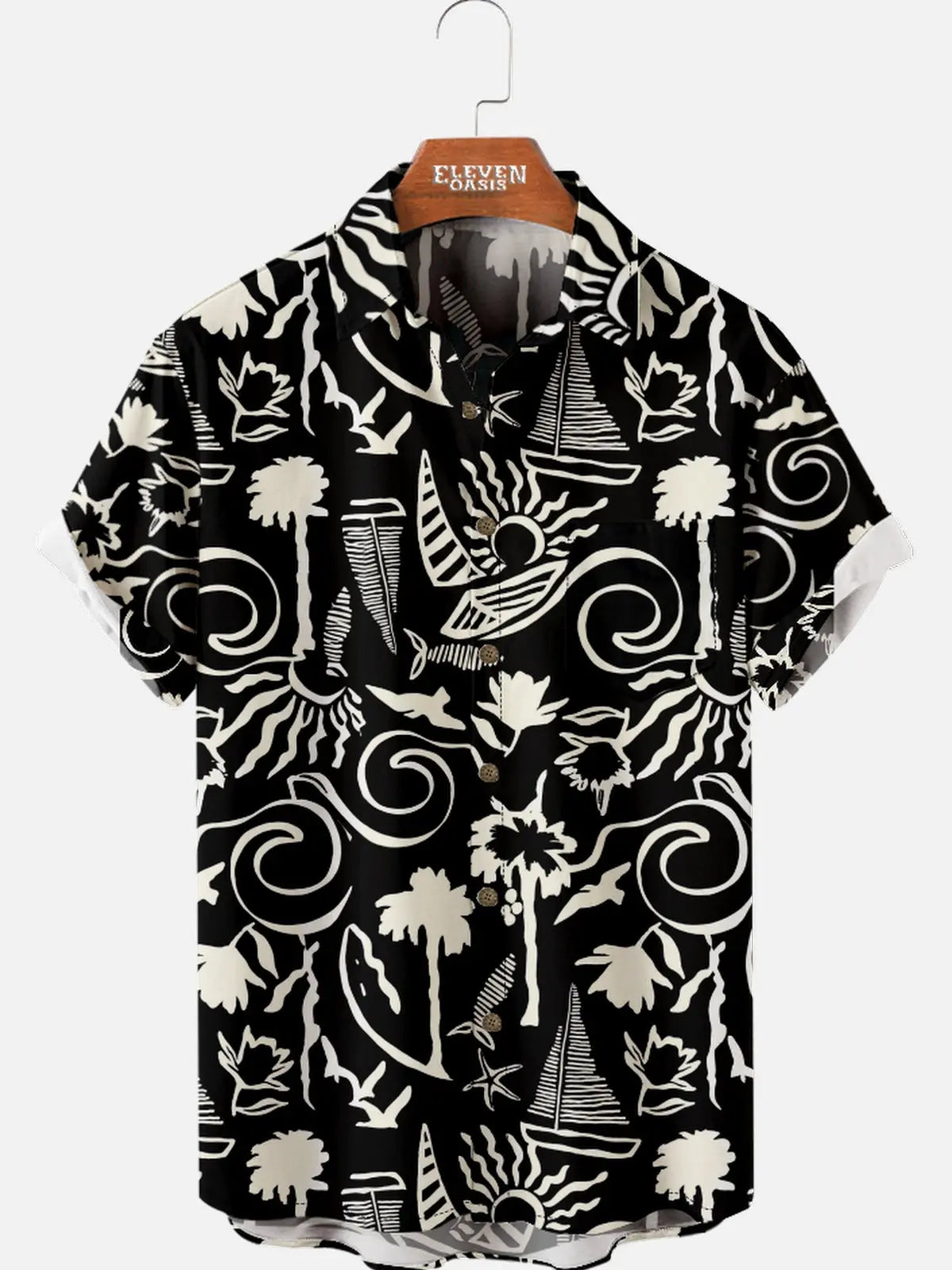 Men's Black and White Tropical Hawaiian Short Sleeve Shirt Eleven Oasis
