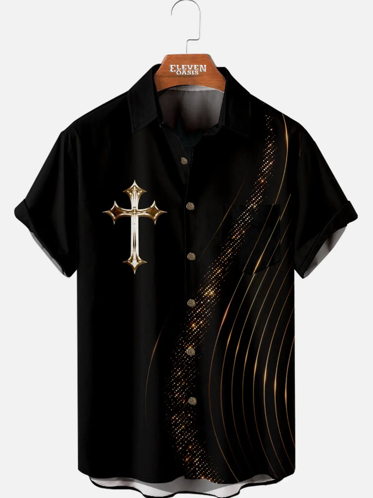 Men's Black Cross and Gold Lines Short Sleeve Shirt ElevenOasis