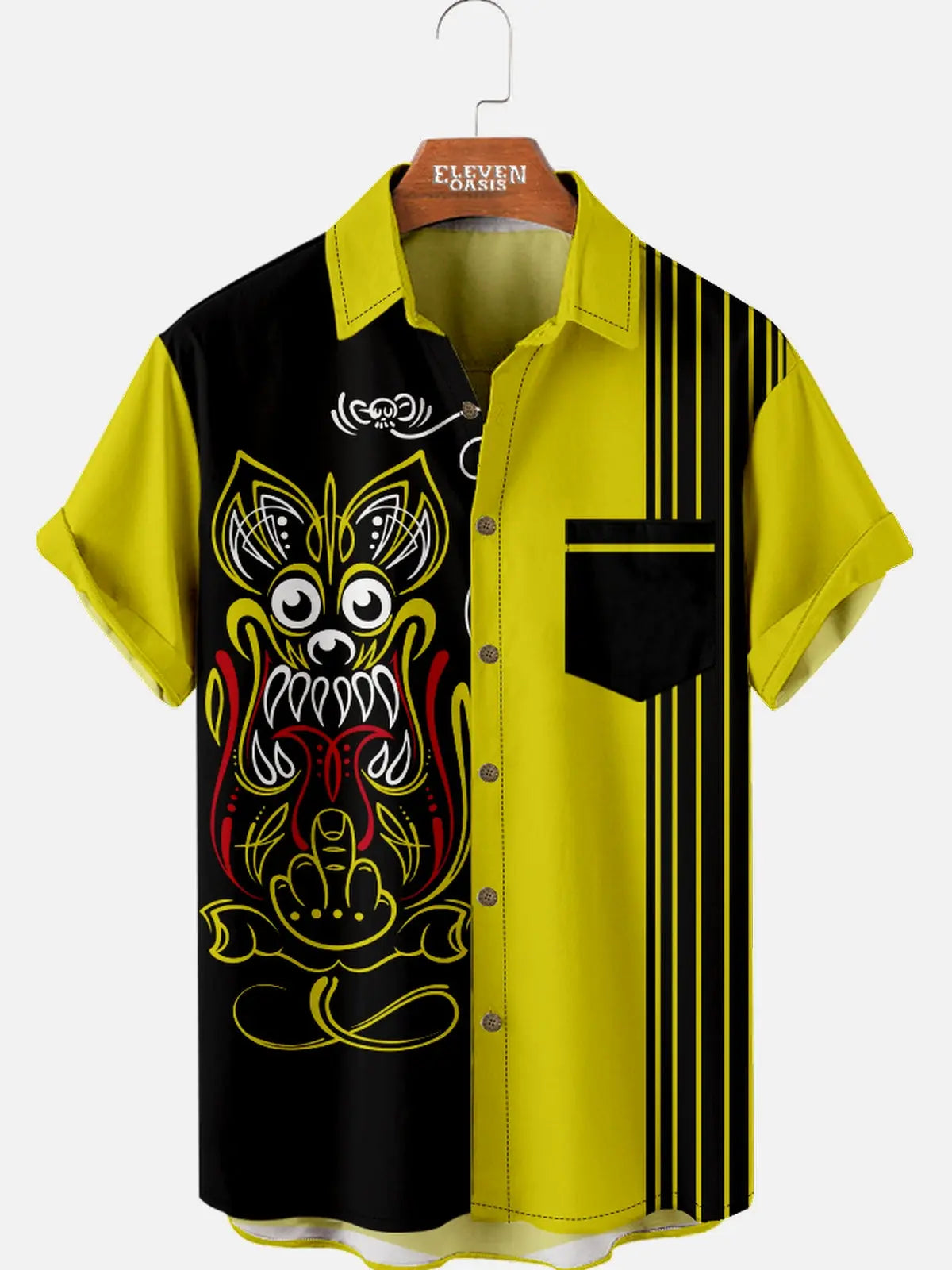 Men's Yellow and Black Rat Fink Pinstripe Short Sleeve Shirt Eleven Oasis