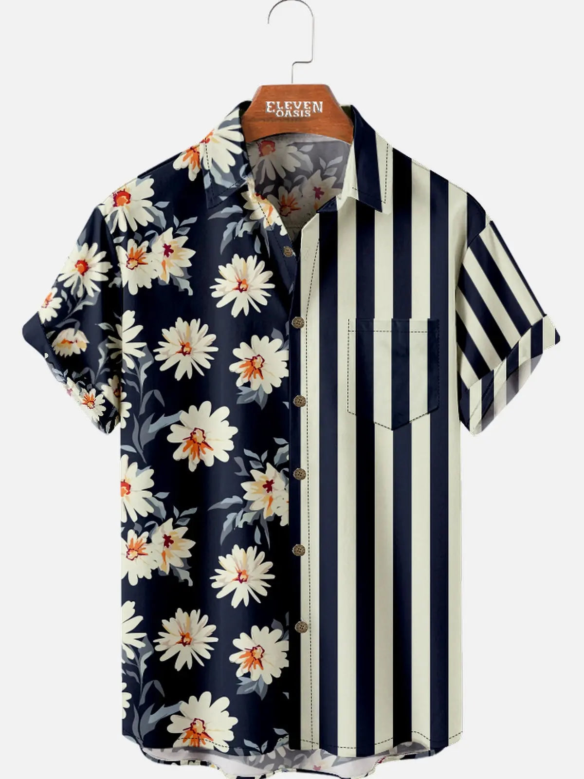 Men's Hibiscus Stripe Panel Hawaiian Short Sleeve Shirt Eleven Oasis