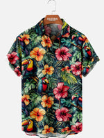 Men's Hawaiian Tropical Toucan And Floral Short Sleeve Shirt ElevenOasis