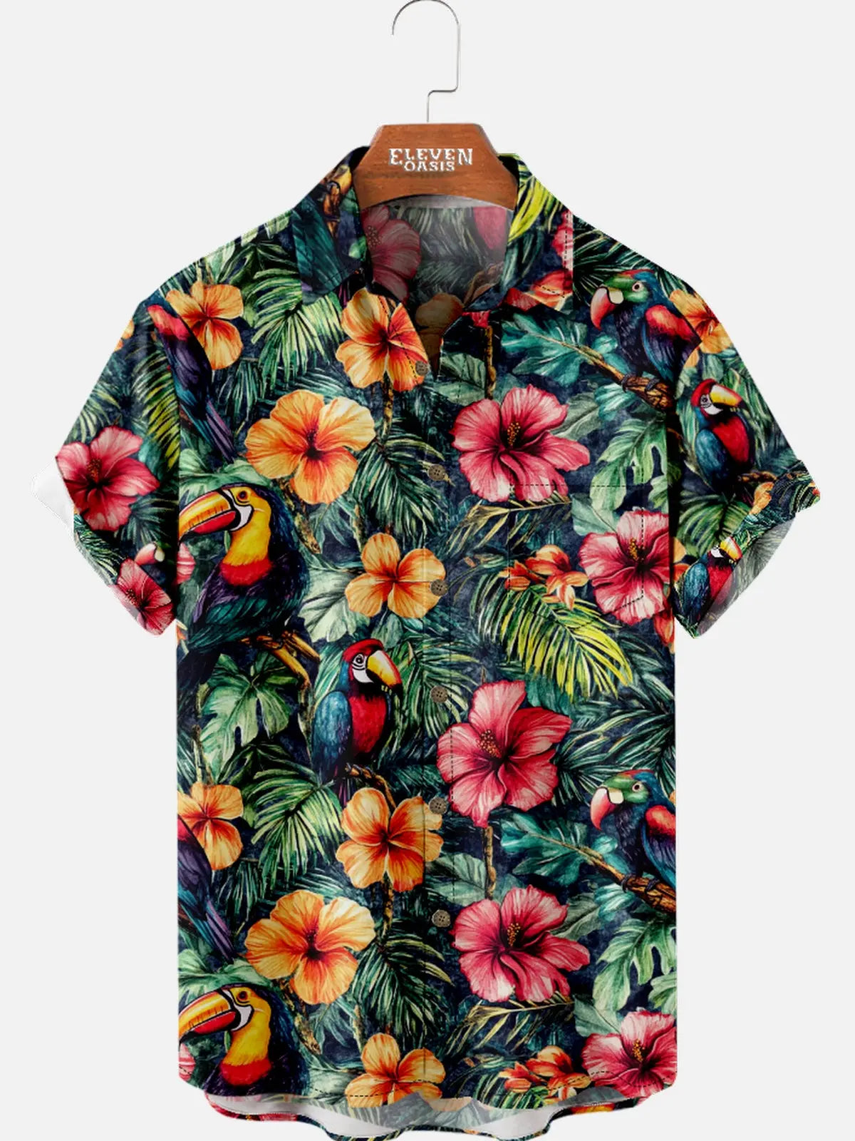 Men's Hawaiian Tropical Toucan And Floral Short Sleeve Shirt ElevenOasis