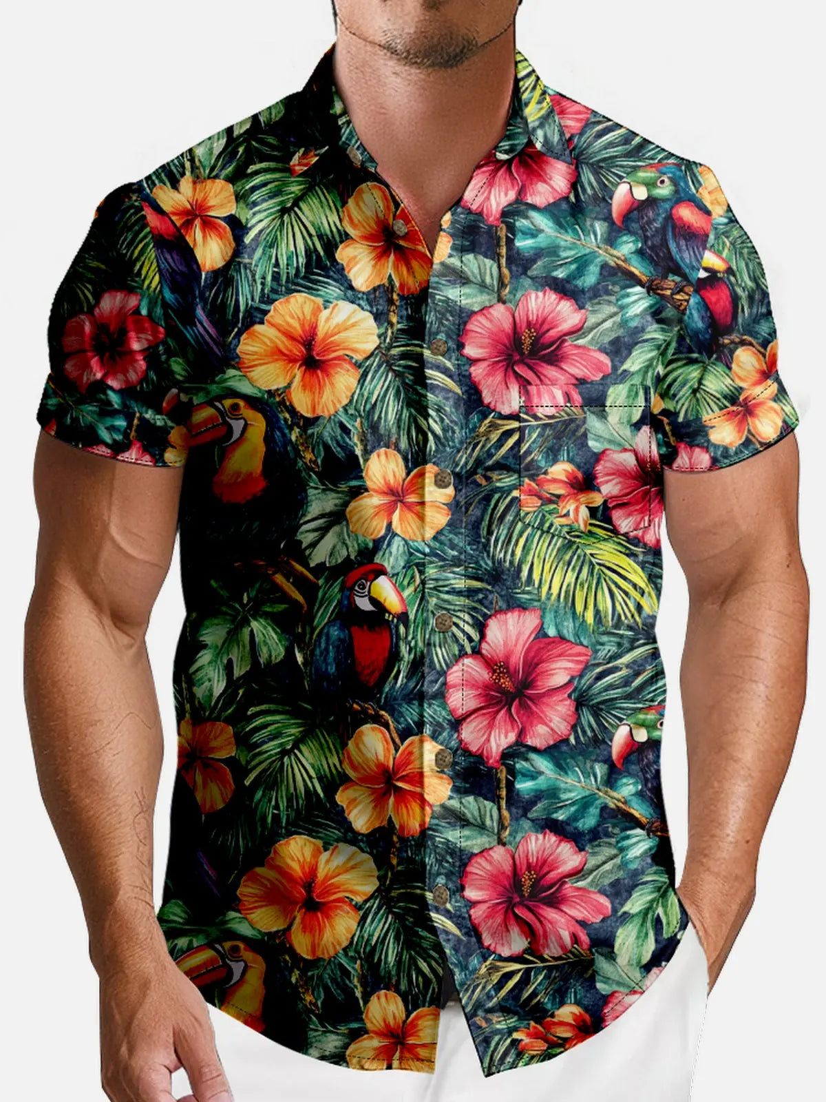 Men's Hawaiian Tropical Toucan And Floral Short Sleeve Shirt ElevenOasis