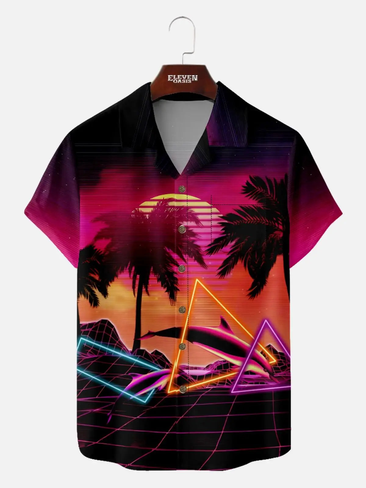 Men's Synthwave Neon Beach Camp Collar Short Sleeve Shirt ElevenOasis