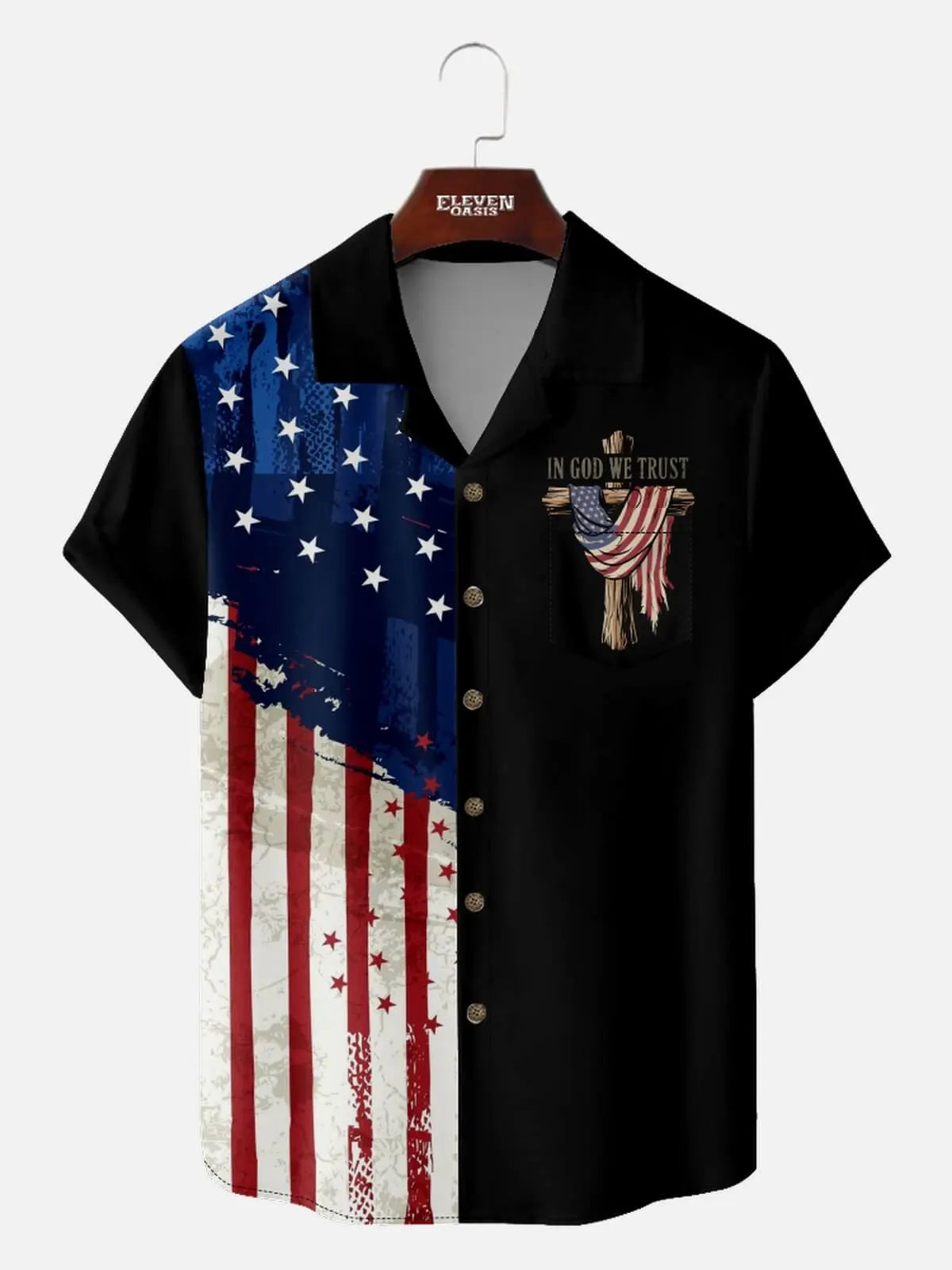 Men's Faith Camp Collar Short Sleeve Shirt Easter Cross Flag  Design ElevenOasis