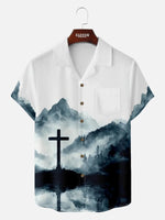 Men's Faith Camp Collar Short Sleeve Shirt Ink Wash Easter Cross ElevenOasis