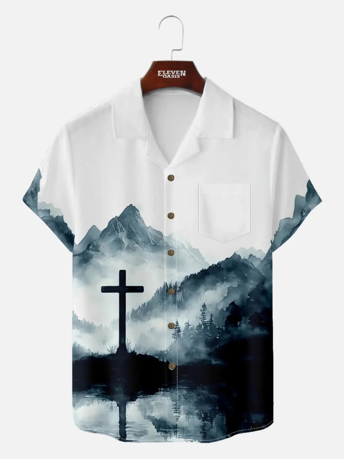 Men's Faith Camp Collar Short Sleeve Shirt Ink Wash Easter Cross ElevenOasis