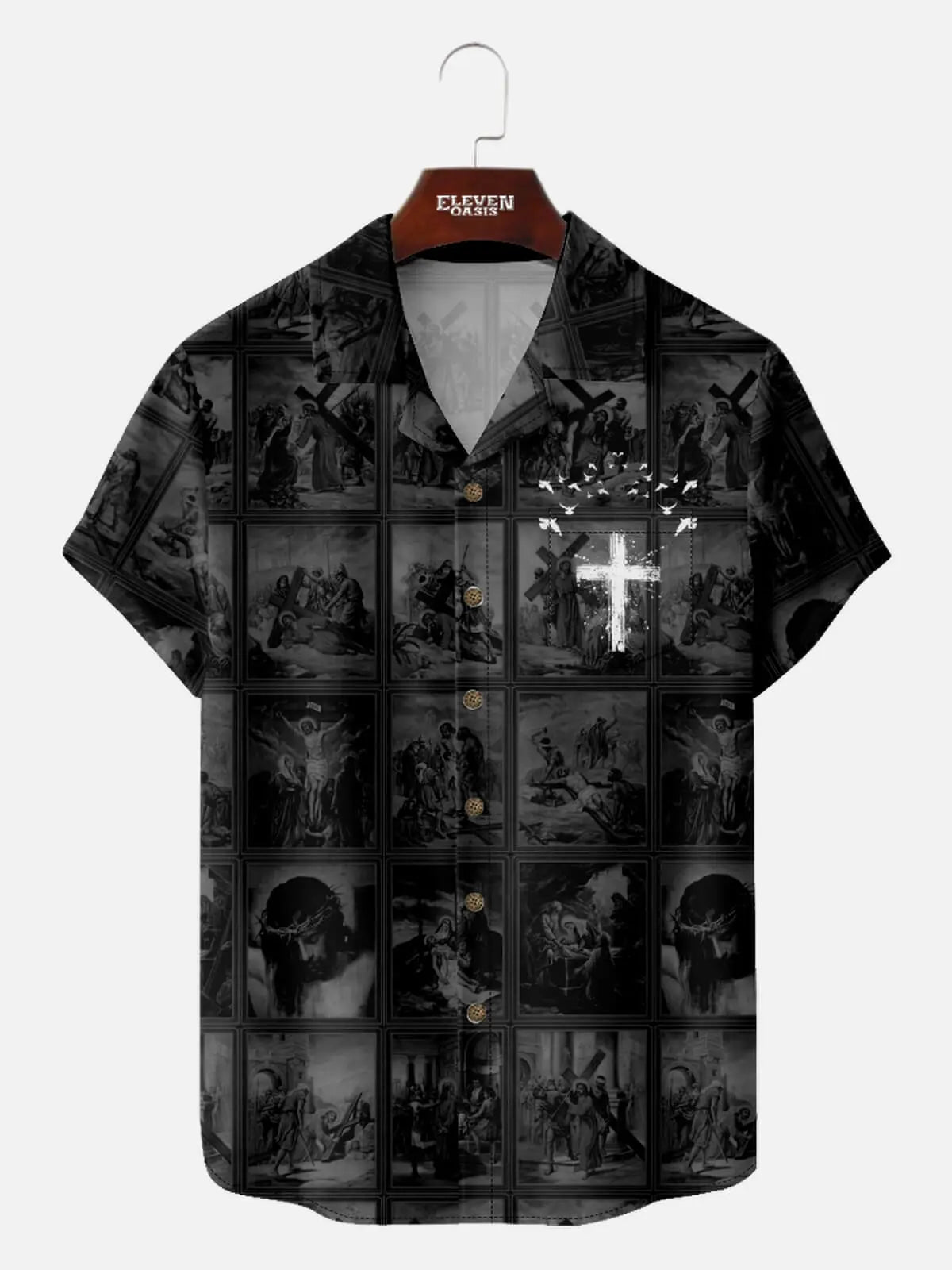 Men's Faith Camp Collar Jesus Story Cross Biblical Art Short Sleeve Shirt ElevenOasis