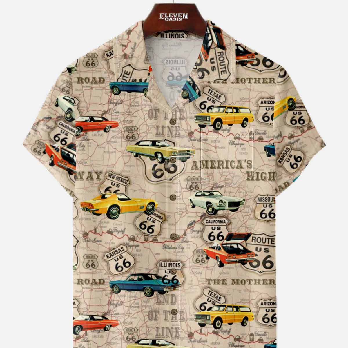 Men's Route 66 Classic Car Map Short Sleeve Shirt Eleven Oasis