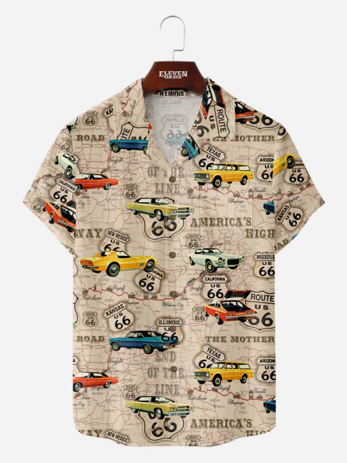 Men's Route 66 Classic Car Map Short Sleeve Shirt Eleven Oasis