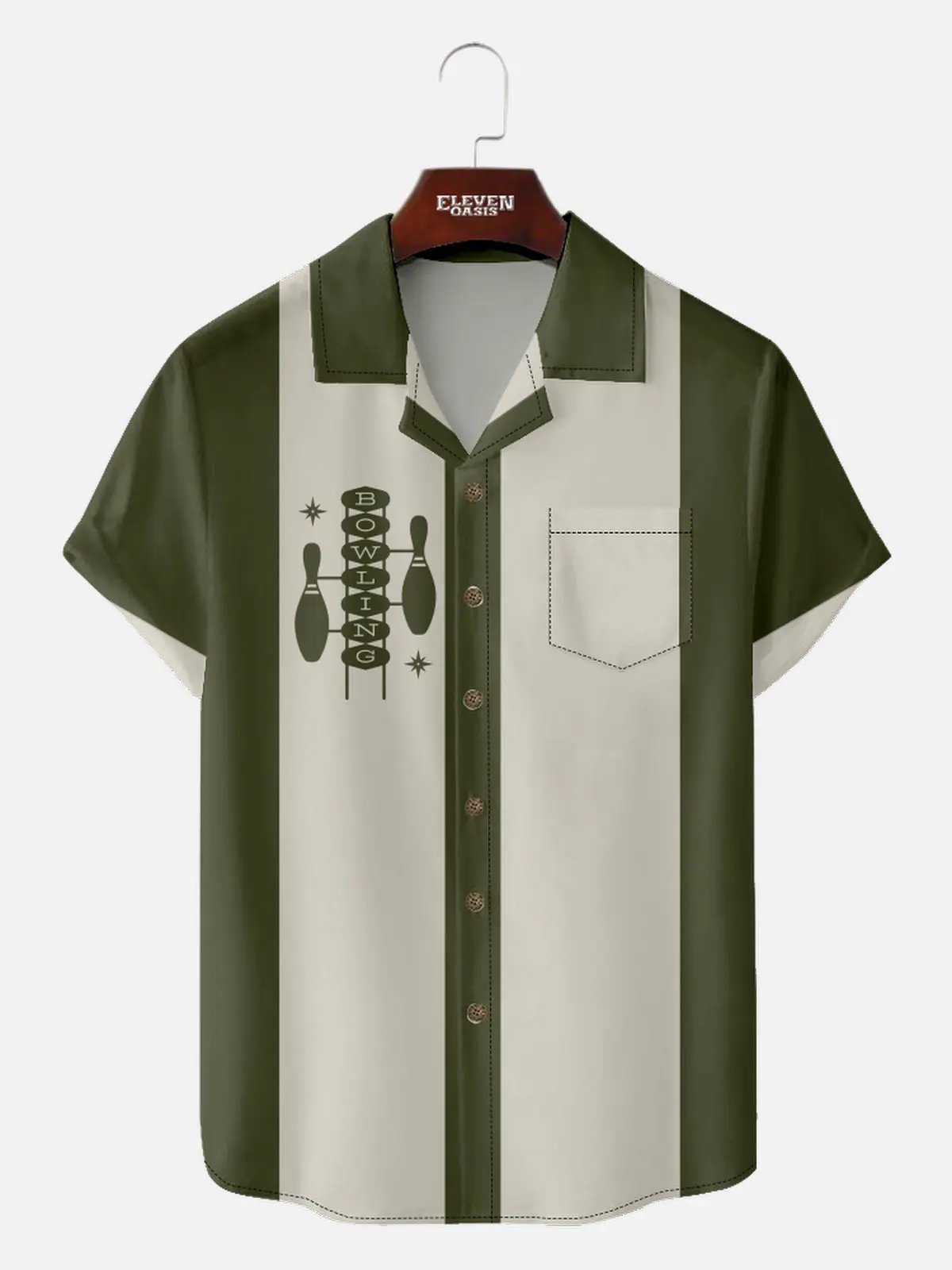 Men's Mid-Century Bowling Pin Art Camp Collar Short Sleeve Shirt ElevenOasis