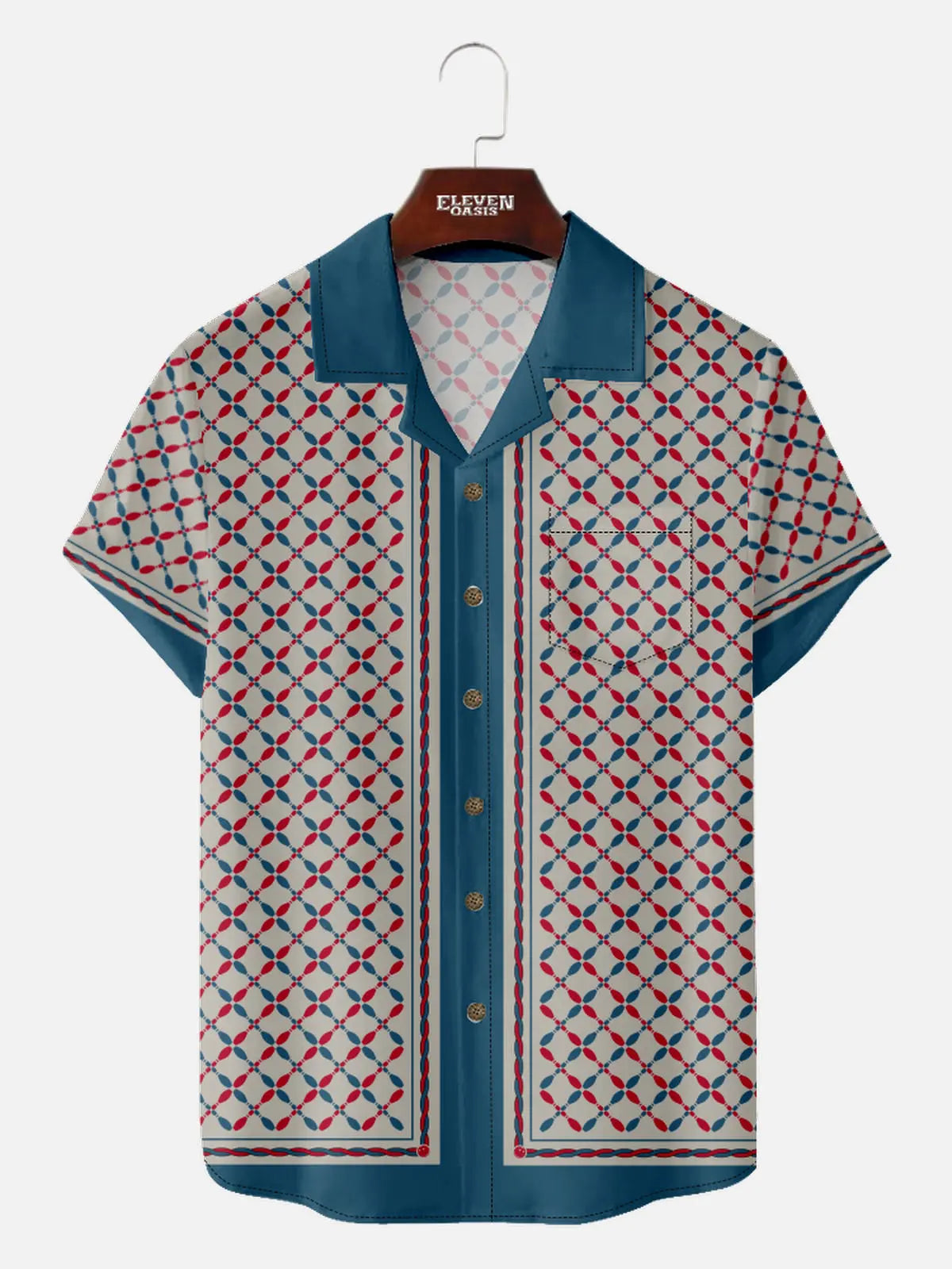 Men's Retro Geometric Bowling Camp Collar Short Sleeve Shirt Eleven Oasis