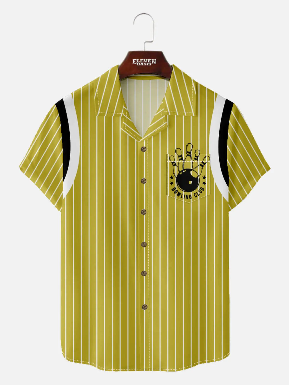 Men's Bowling Club Vintage Pinstripe Camp Collar Short Sleeve Shirt Eleven Oasis