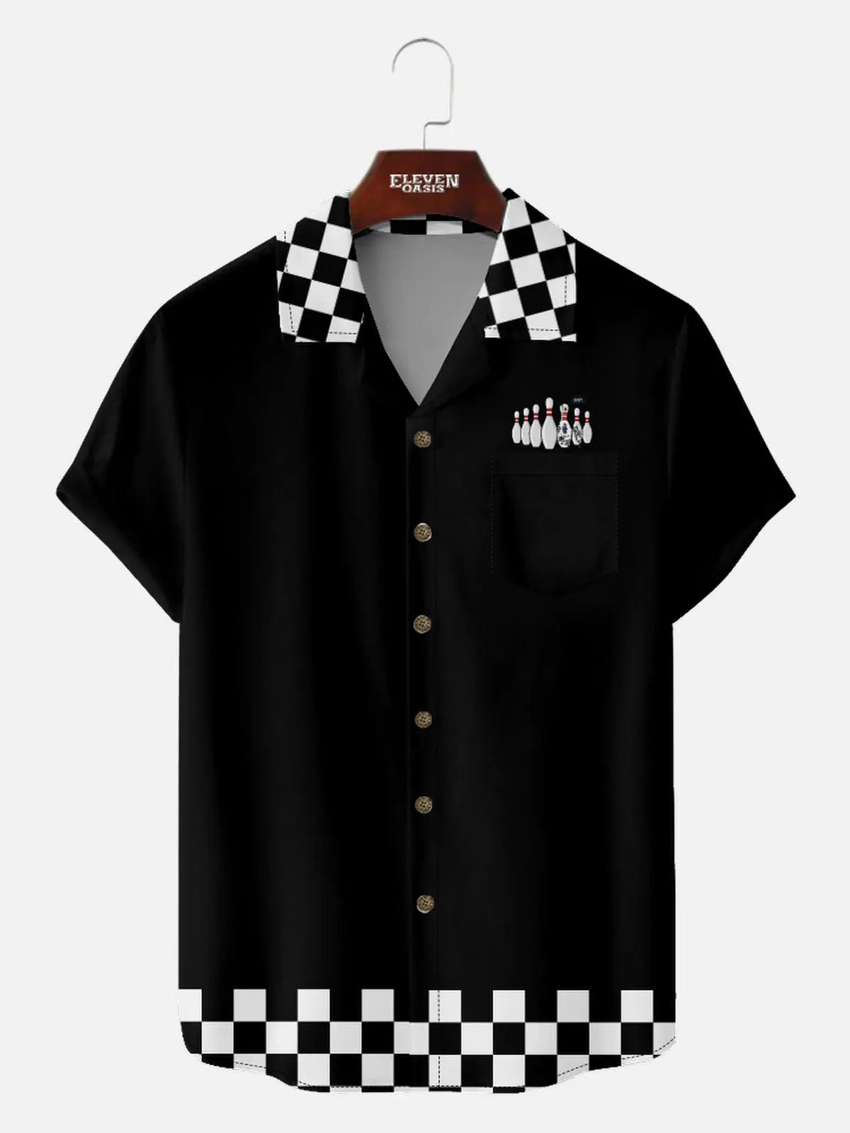 Men's Checkered Flag Bowling Camp Collar Short Sleeve Shirt ElevenOasis