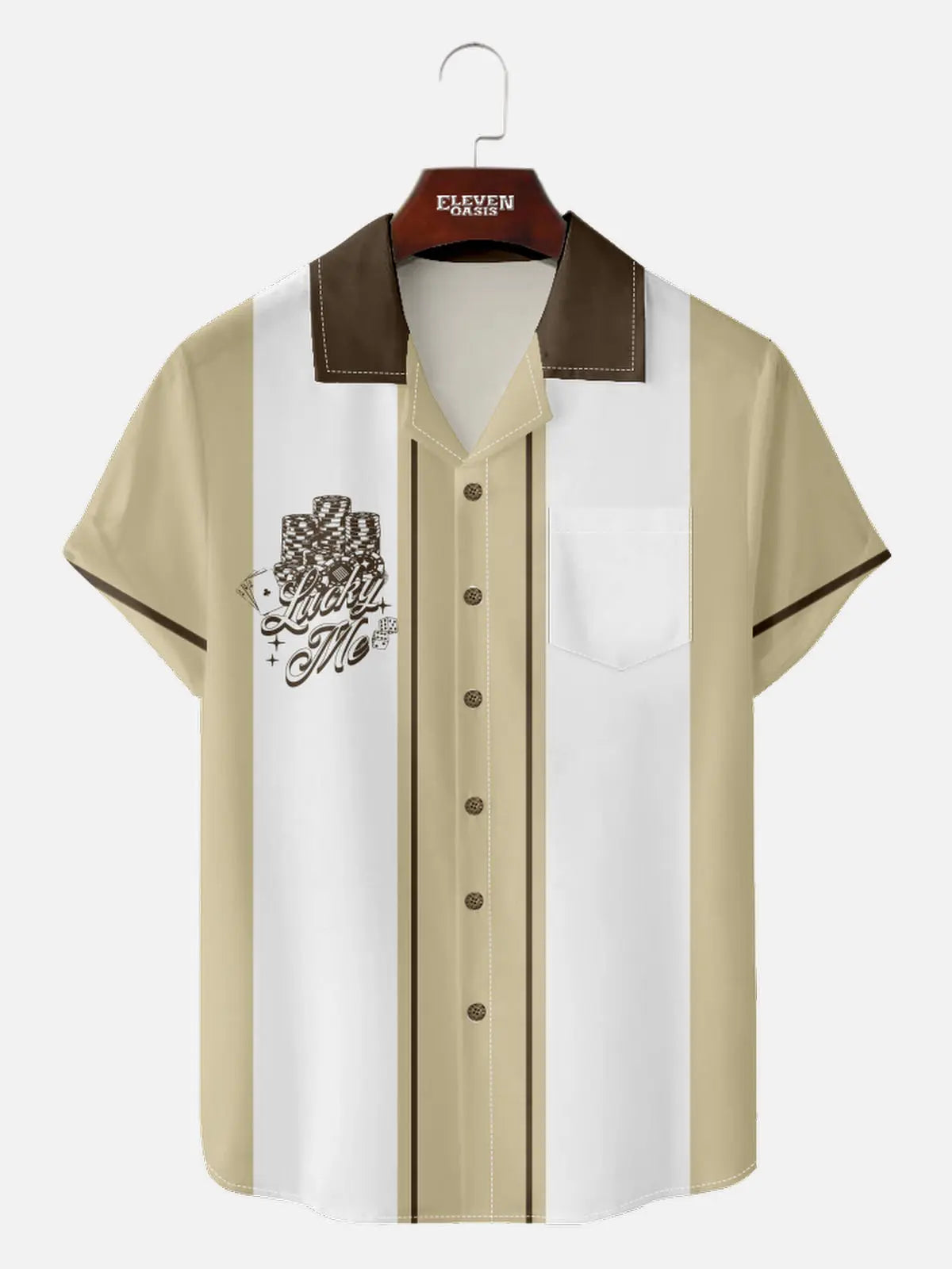 Men's Playing Cards Camp Collar Short Sleeve Shirt Lucky Me Jackpot Eleven Oasis