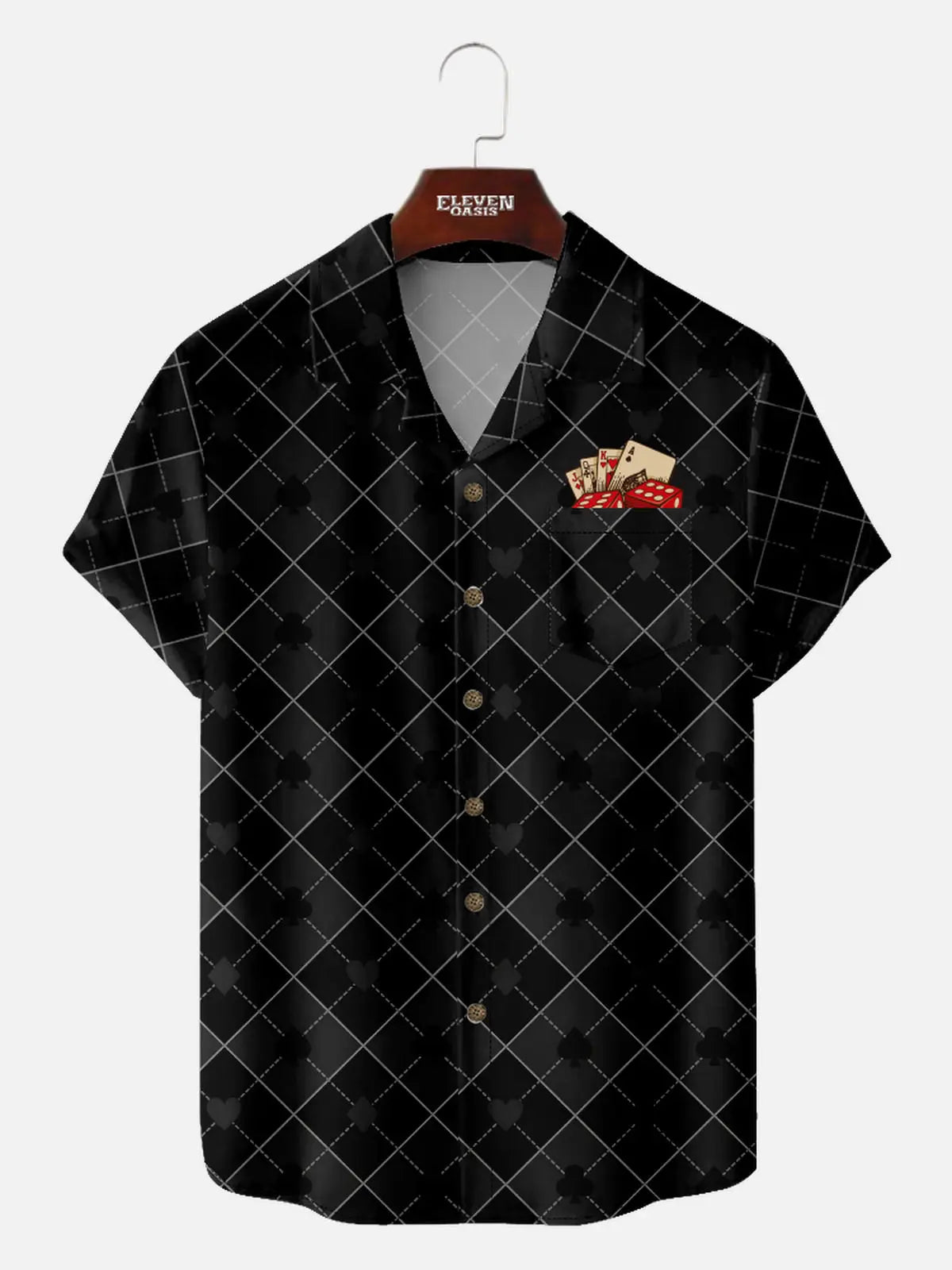 Men's Playing Cards Camp Collar Short Sleeve Shirt Diamond Cut Poker Eleven Oasis