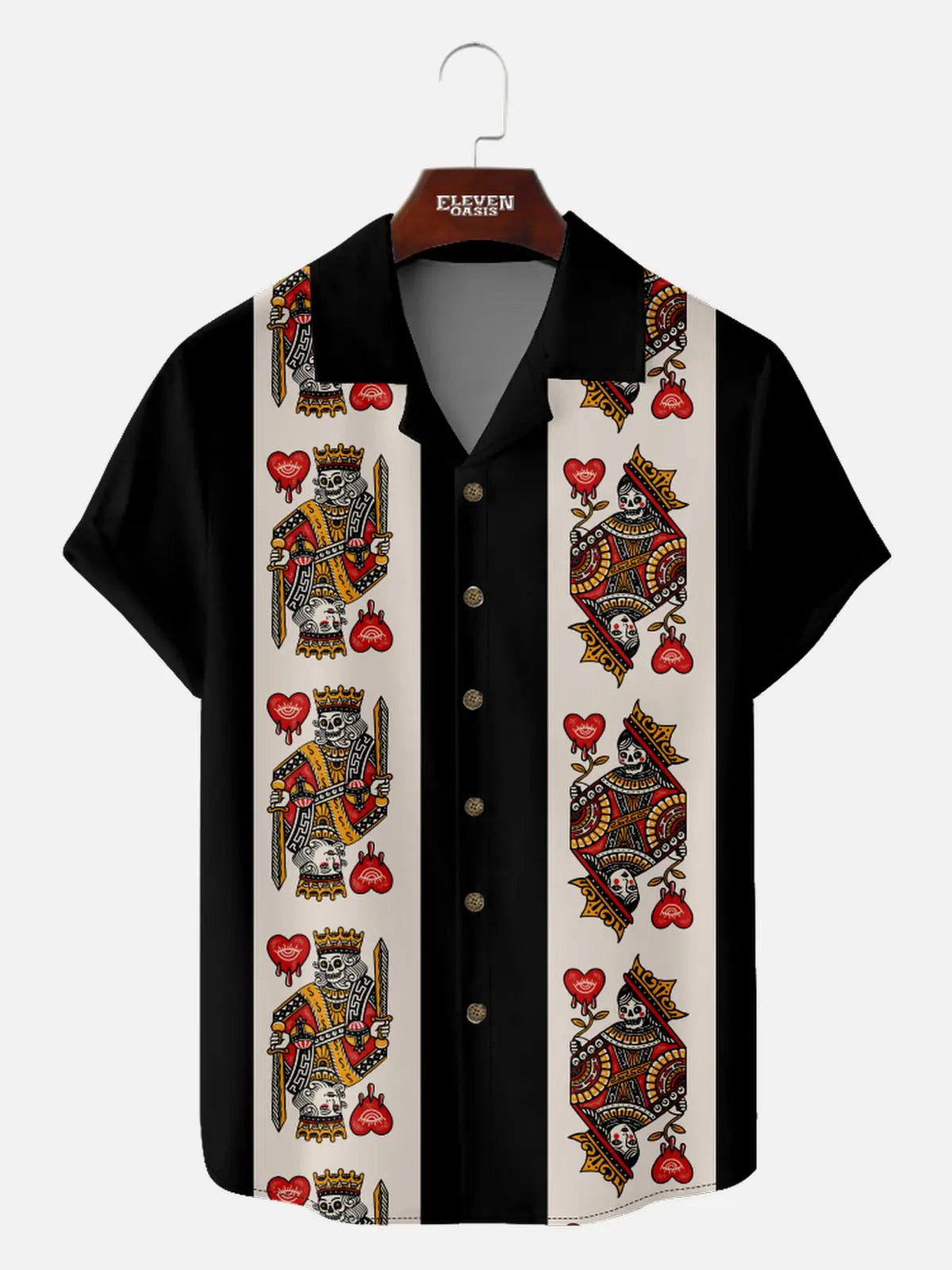 Men's Playing Cards Camp Collar Short Sleeve Shirt Card Skull Faces Eleven Oasis