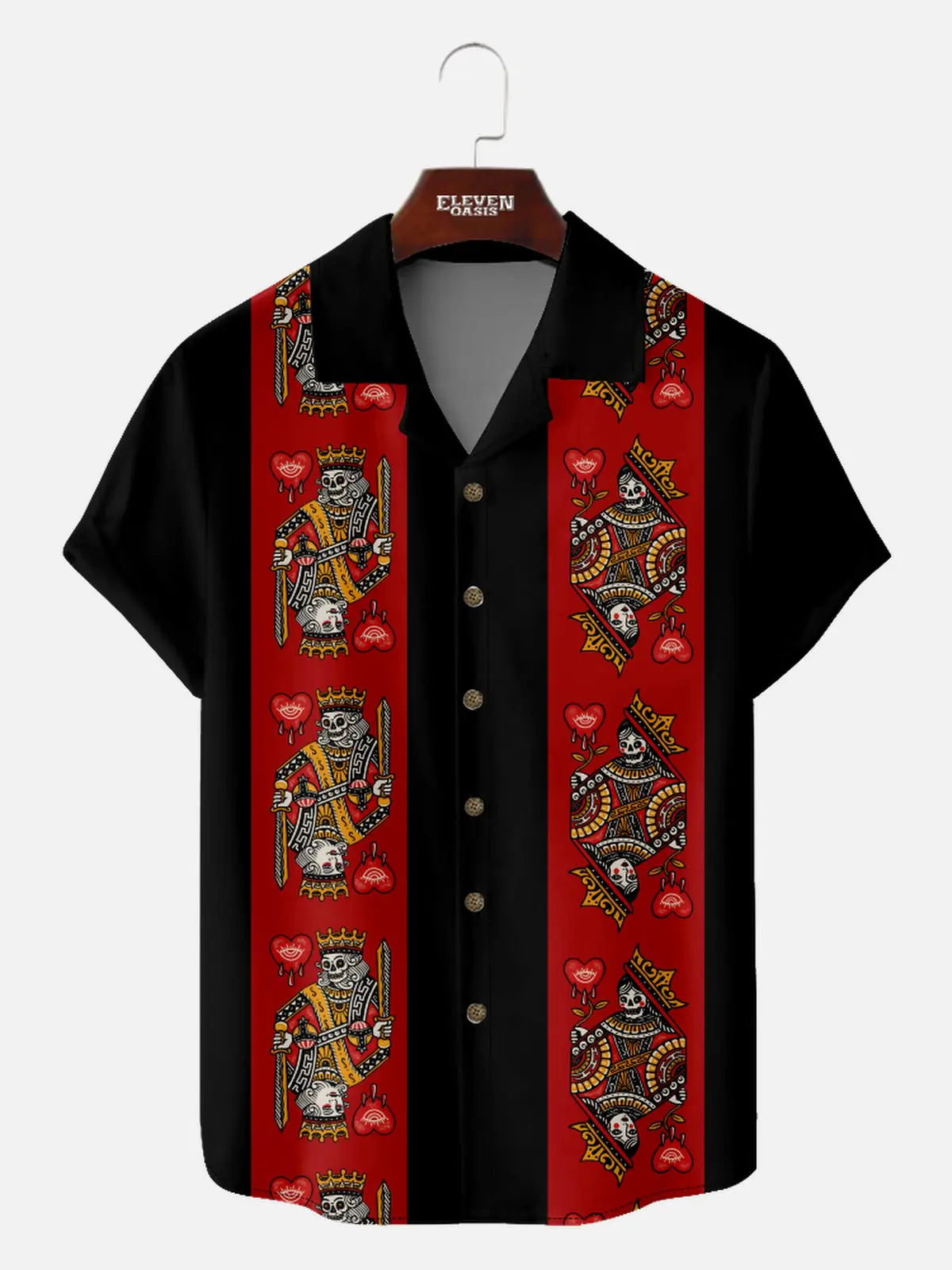 Men's Playing Cards Camp Collar Short Sleeve Shirt Card Skull Faces Eleven Oasis