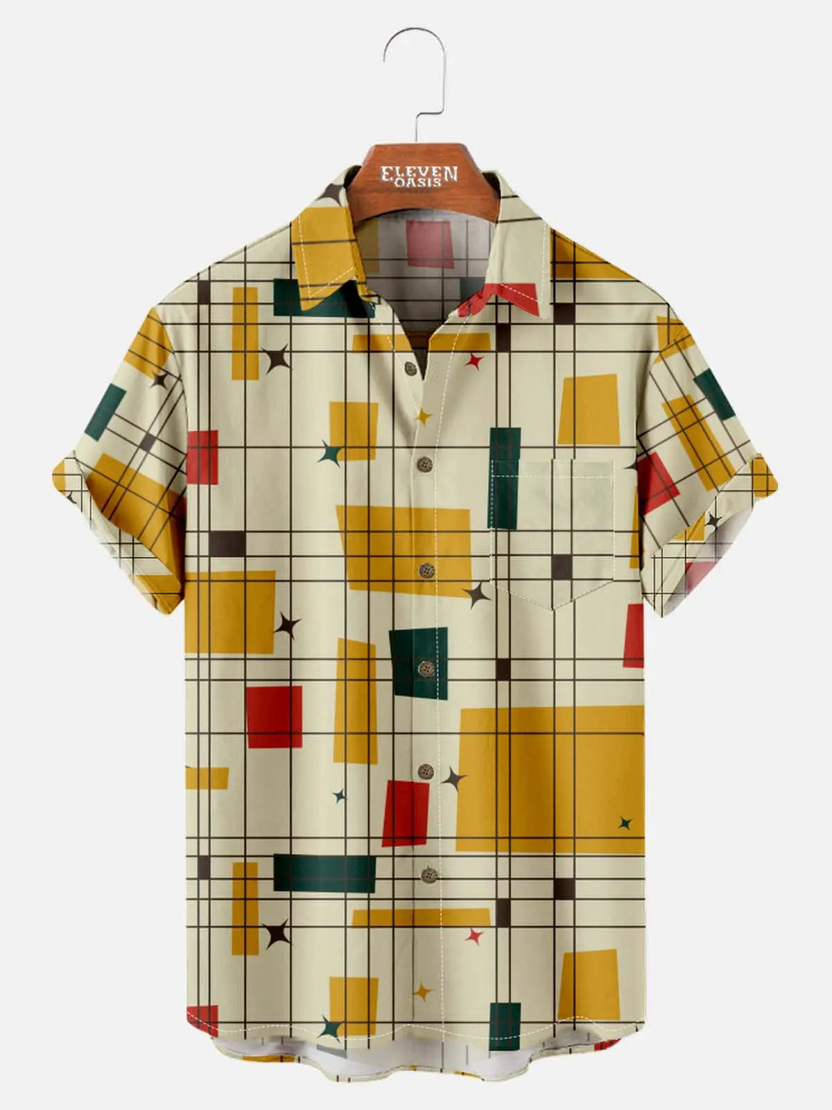 Men's Mid-Century Grid Block Pattern Short Sleeve Shirt Eleven Oasis