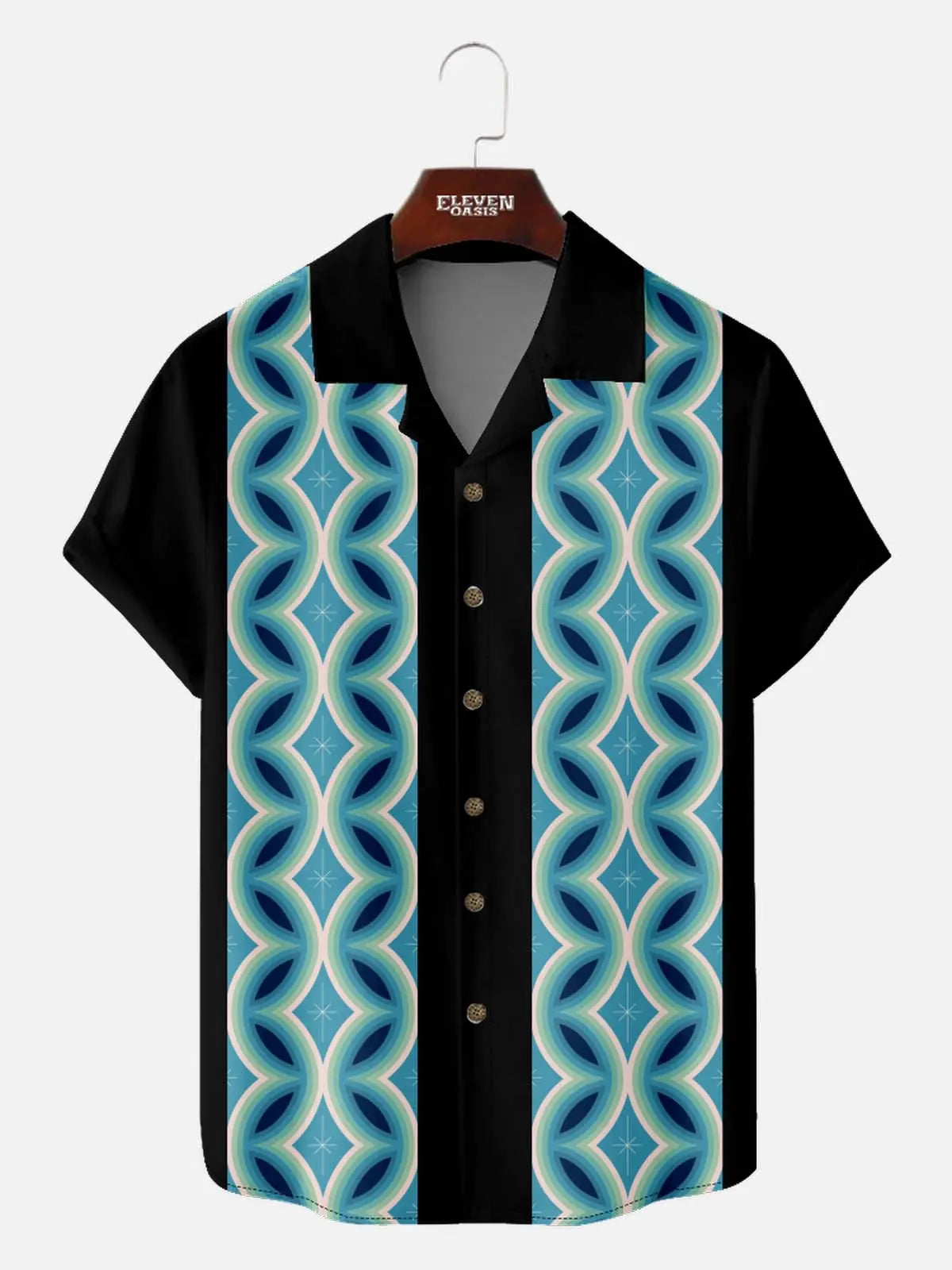 Men's 1960s Mod Geometric Chain Bowling Short Sleeve Shirt Eleven Oasis