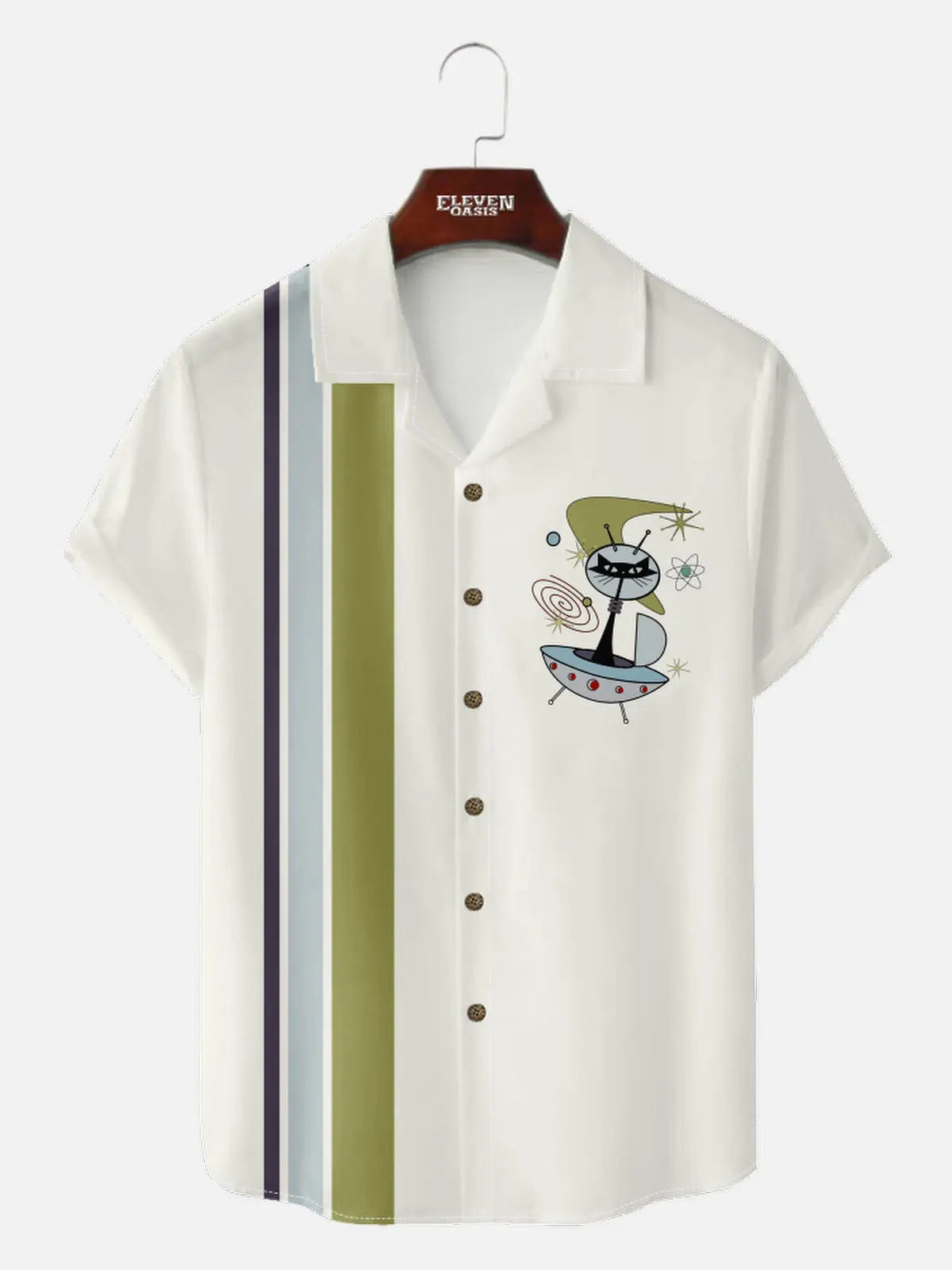 Men's Retro UFO Space Cat Short Sleeve Shirt ElevenOasis