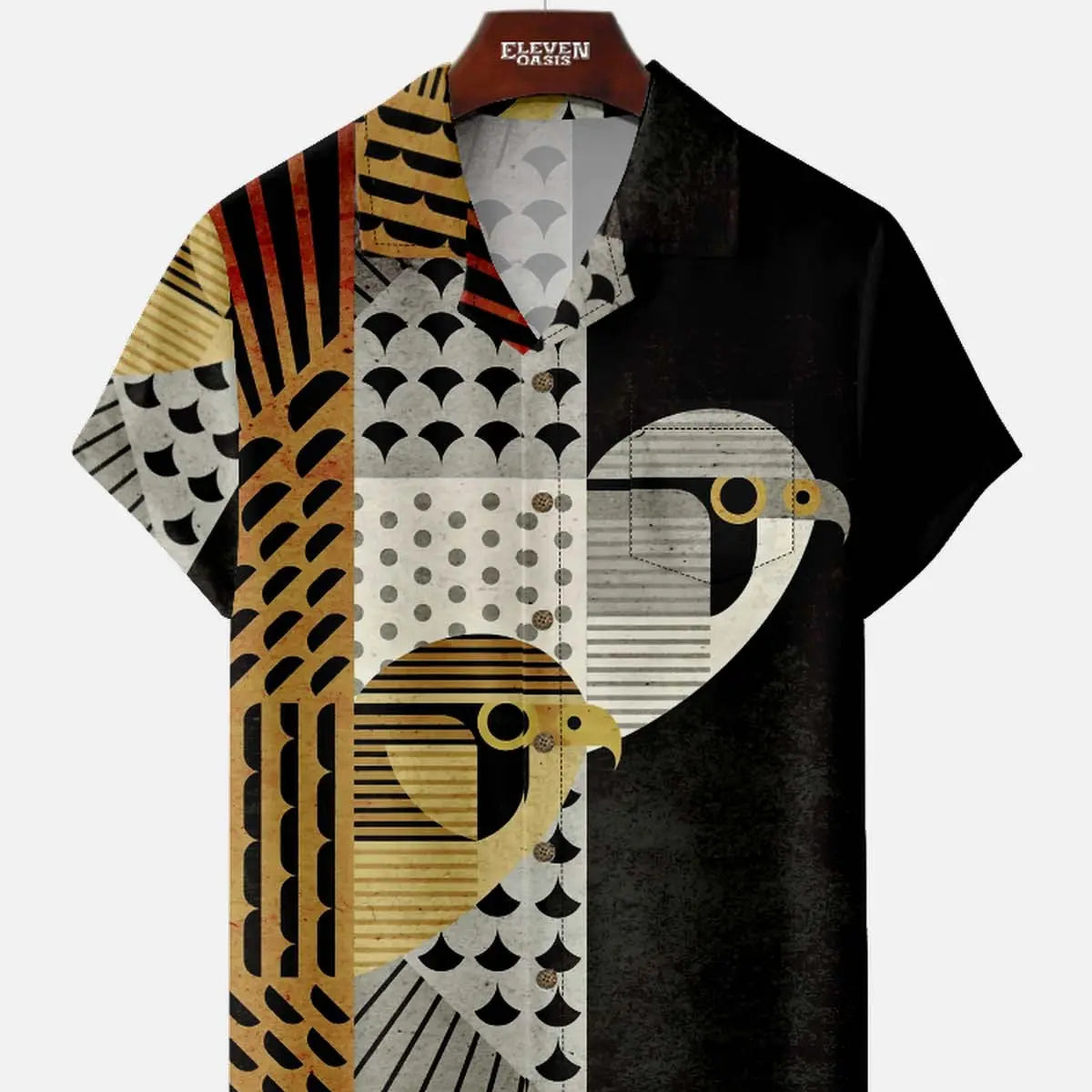 Men's Geometric Bird Pattern Short Sleeve Shirt Eleven Oasis