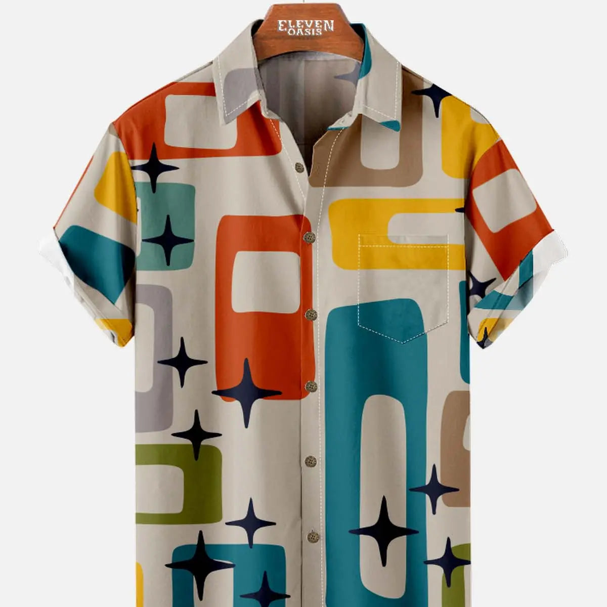 Men's Mid-Century Atomic Star Pattern Short Sleeve Shirt ElevenOasis