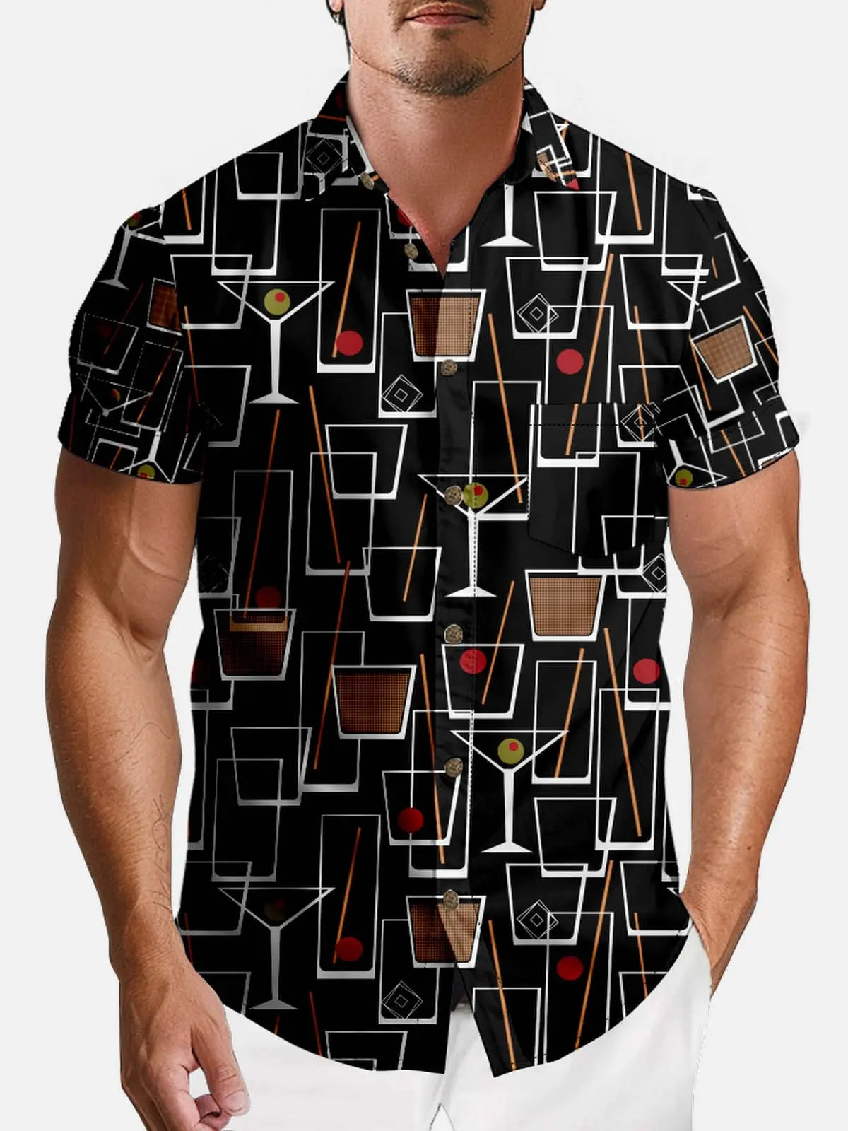 Tall Men's Mid-Century Cocktail Art Short Sleeve Shirt ElevenOasis