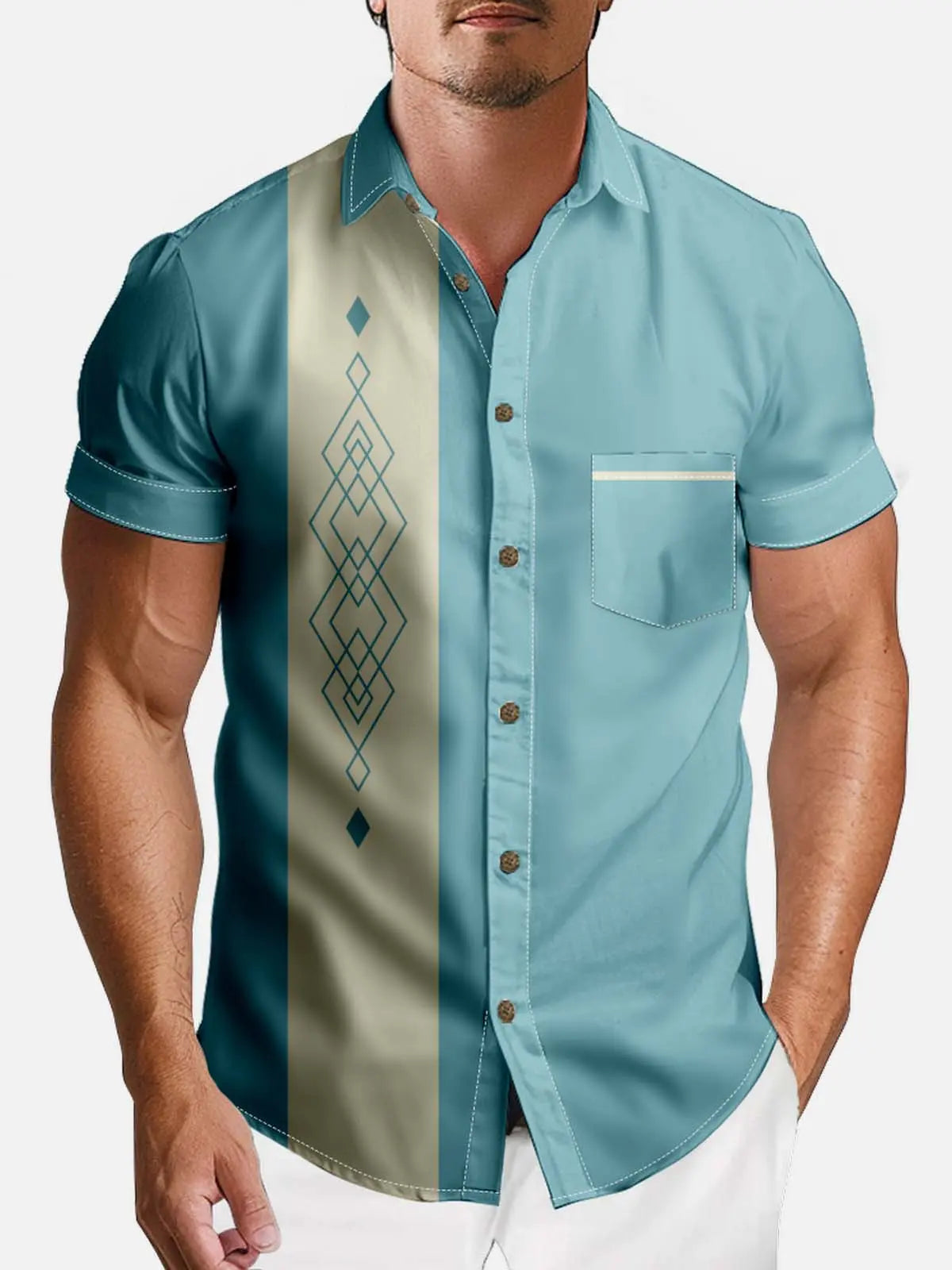 Tall Men's Mid-Century Diamond Geometric Bowling Short Sleeve Shirt ElevenOasis