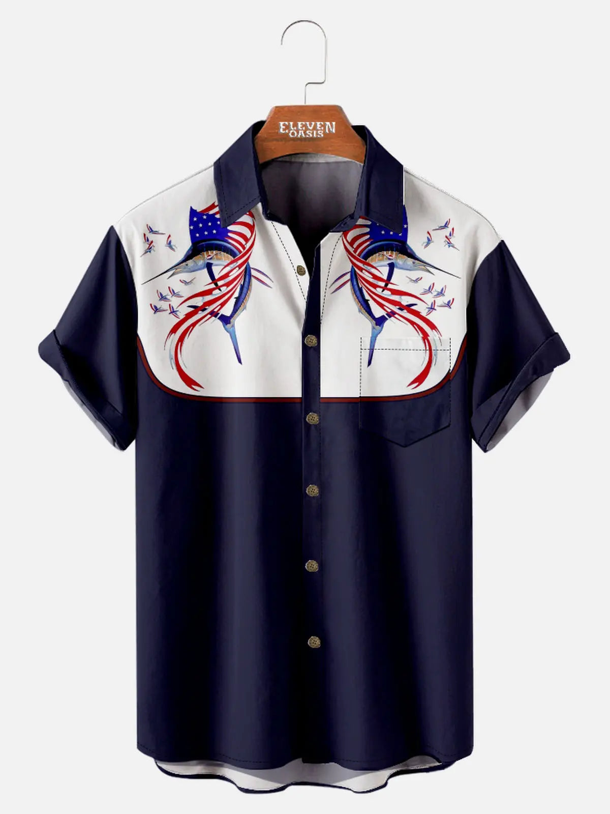 Tall Men's Patriotic Blue Marlin Western Short Sleeve Shirt Eleven Oasis