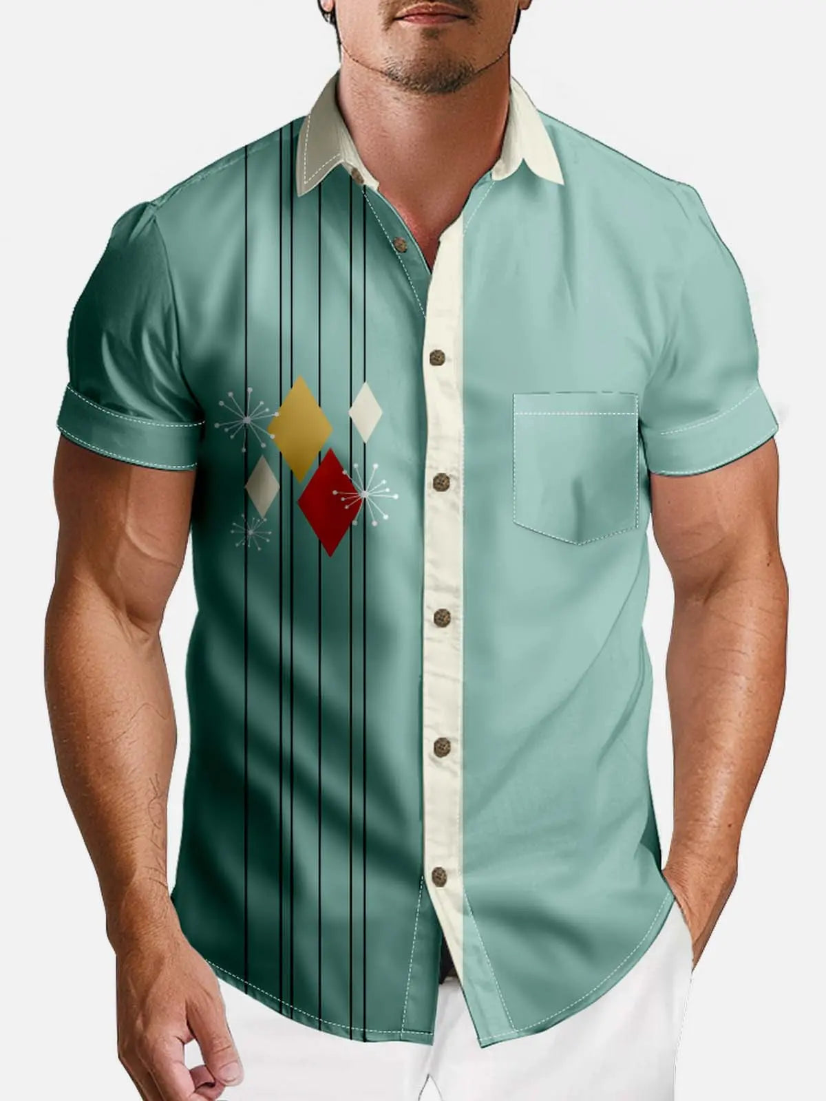 Tall Men's Mid-Century Modern Geometric Short Sleeve Shirt Eleven Oasis