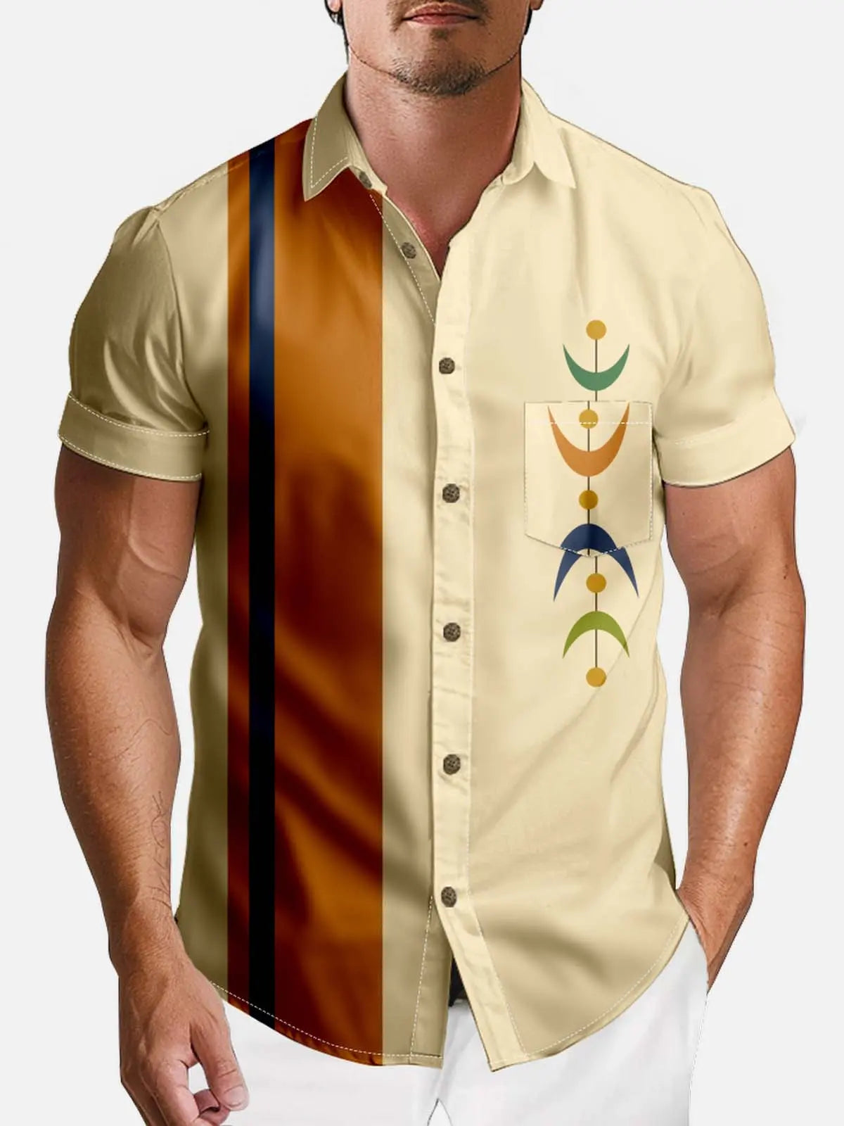 Tall Men's Mid-Century Modern Half-Moon Bowling Short Sleeve Shirt Eleven Oasis