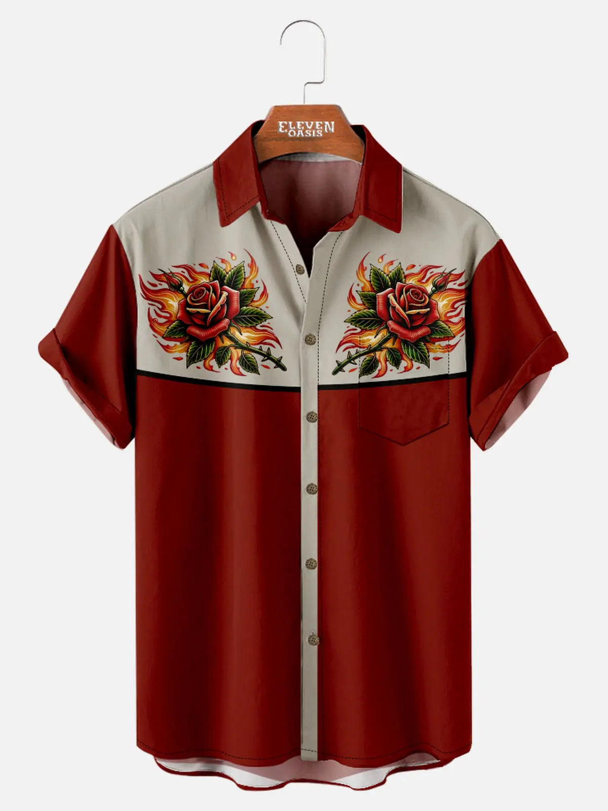 Men's Flaming Rose Panel Short Sleeve Shirt Eleven Oasis