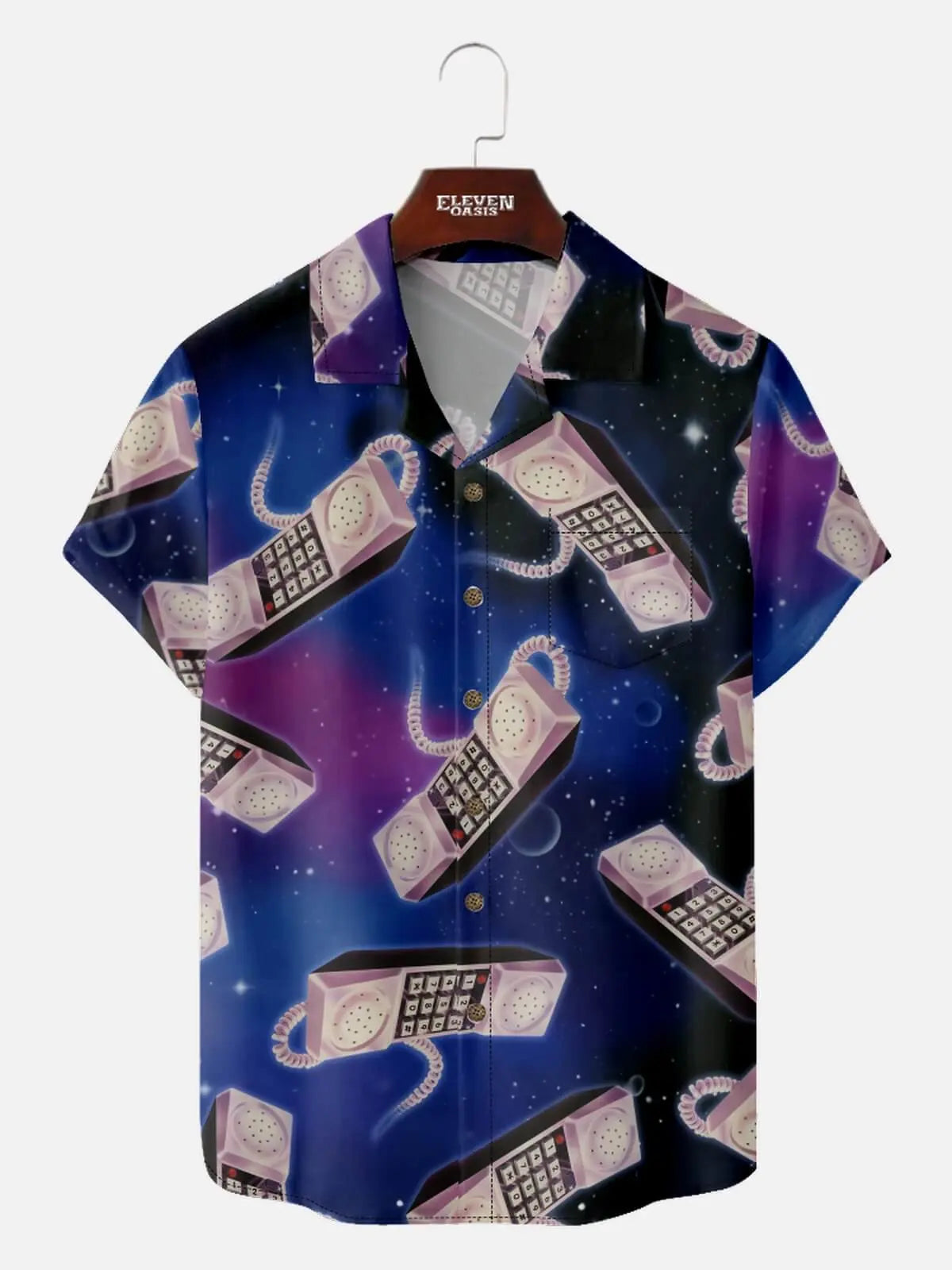 Men's Retro Space Phone All Over Print Short Sleeve Shirt Eleven Oasis