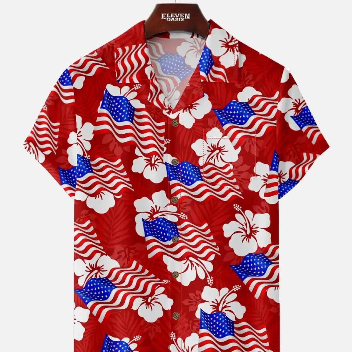 Men's Patriotic American Flag Hibiscus Hawaiian Short Sleeve Shirt Eleven Oasis