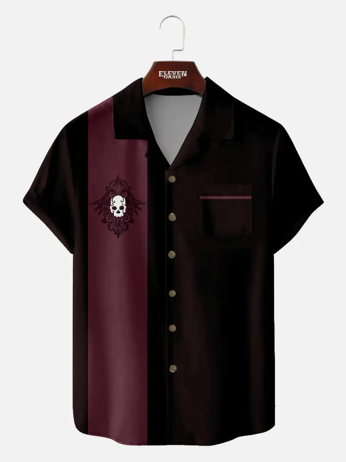 Men's Rockabilly Skull Button Down Halloween Short Sleeve Shirt ElevenOasis