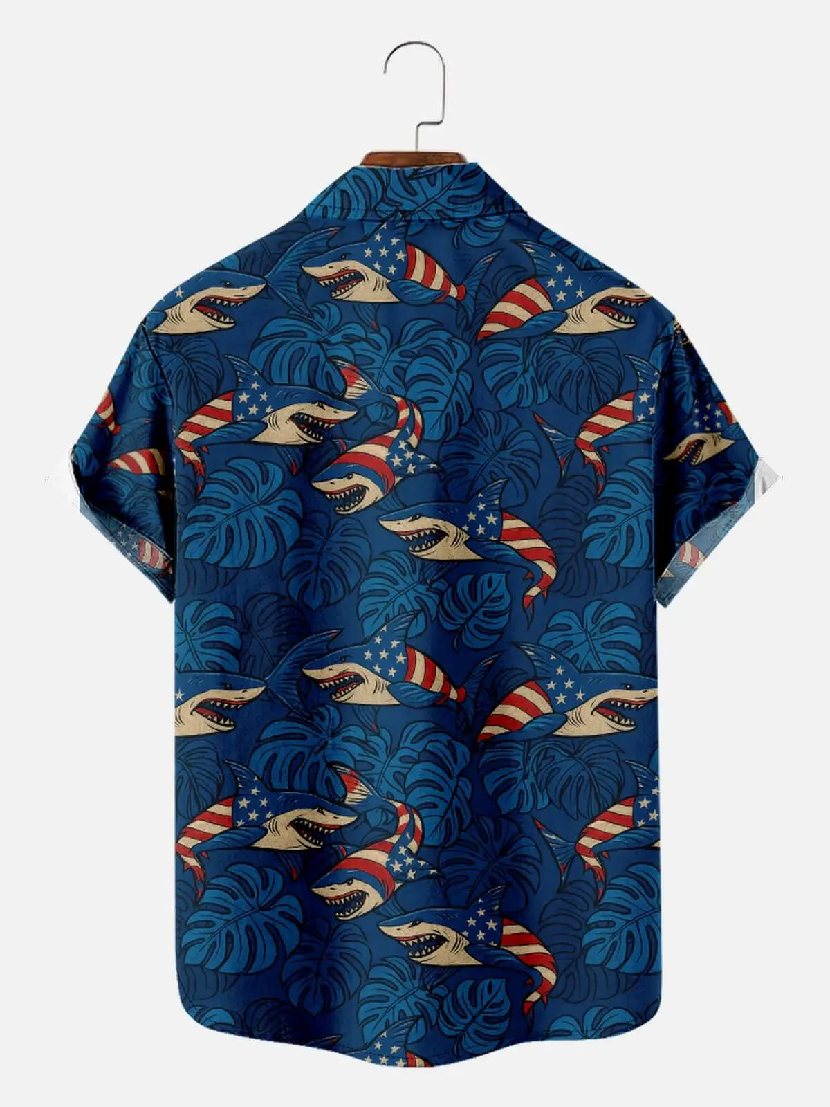Tall Men's American Flag Shark Hawaiian Short Sleeve Shirt Eleven Oasis